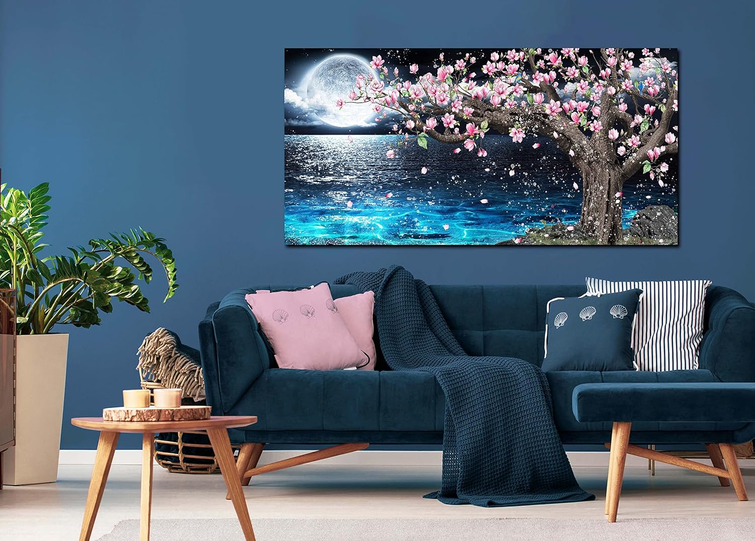 HUBOSKN Large Canvas Wall-Art Blue - Pink Flower Wall Decor for Living Room - Moon Sea Ocean Landscape Pictures for Living Room Wall Decoration Ready to Hang Size 59" x 29" - Image 2