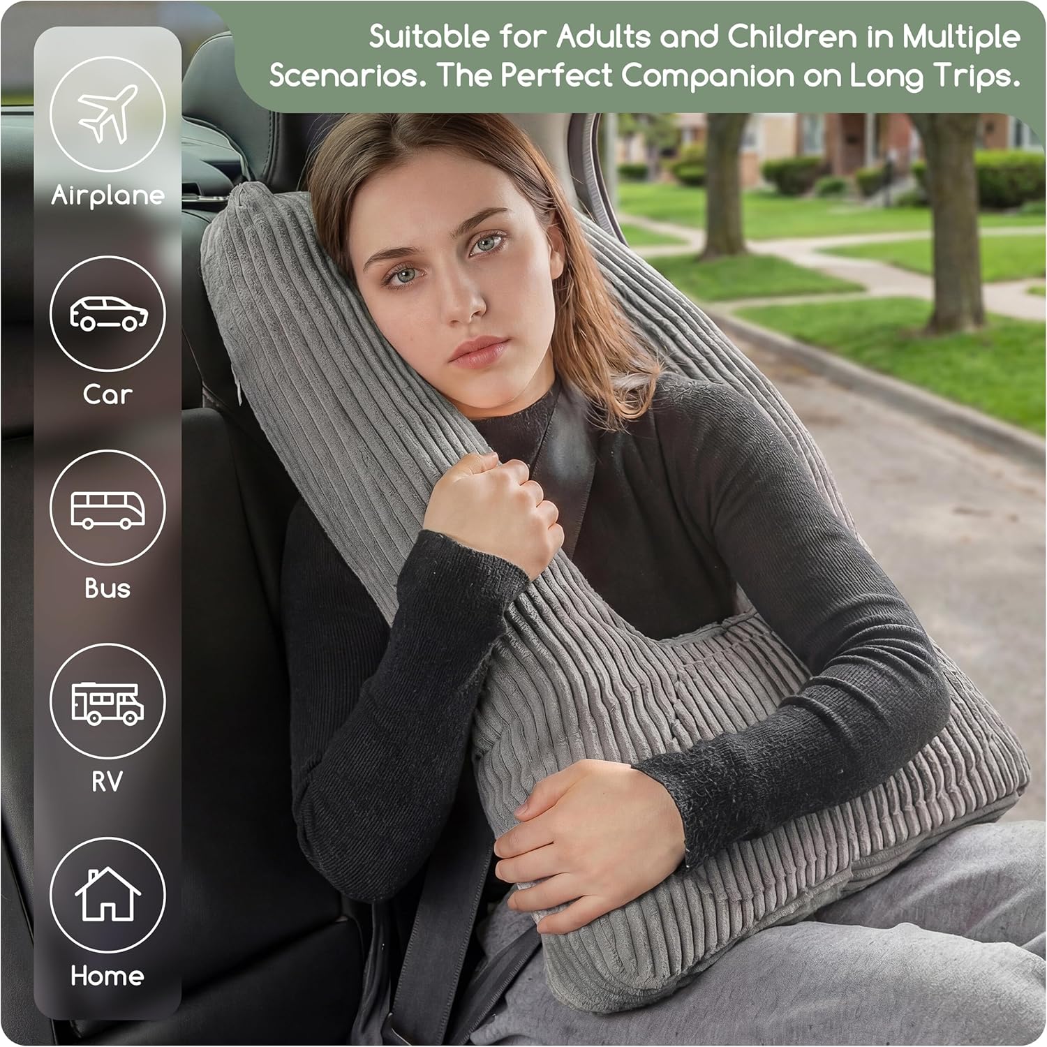 HIGOGOGO Washable Travel Pillow, Car Pillow for Kids & Adults, Travel Pillows with Removable Soft Cover and High-Support Foam, Fix Neck and Body Sitting/Sleeping on The Trip, Dark Grey - Image 6