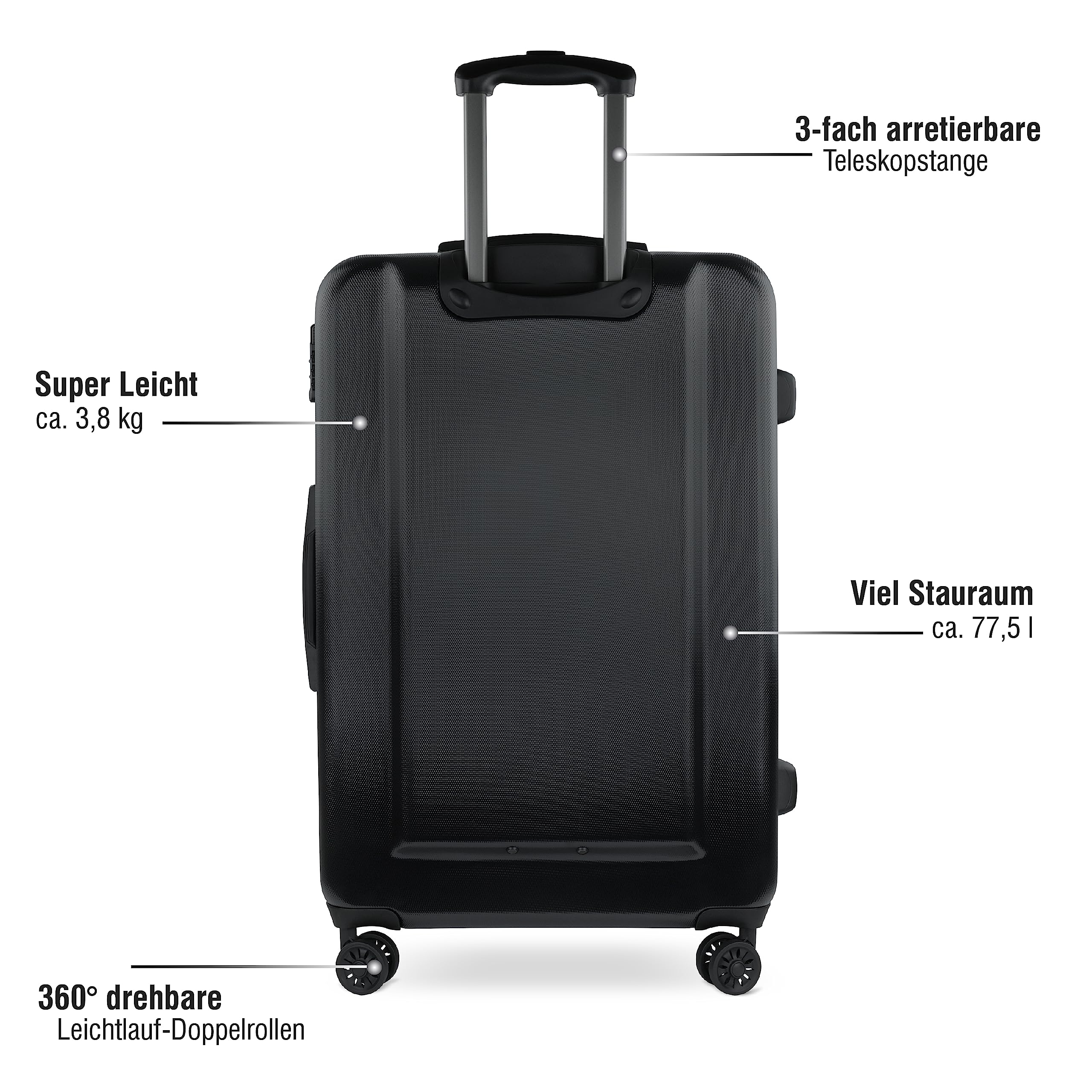 bugatti Lima Hartschalenkoffer 67x45x27,5 cm, 58,1L, 4-Rollen mit TSA-Schloss, Schwarz