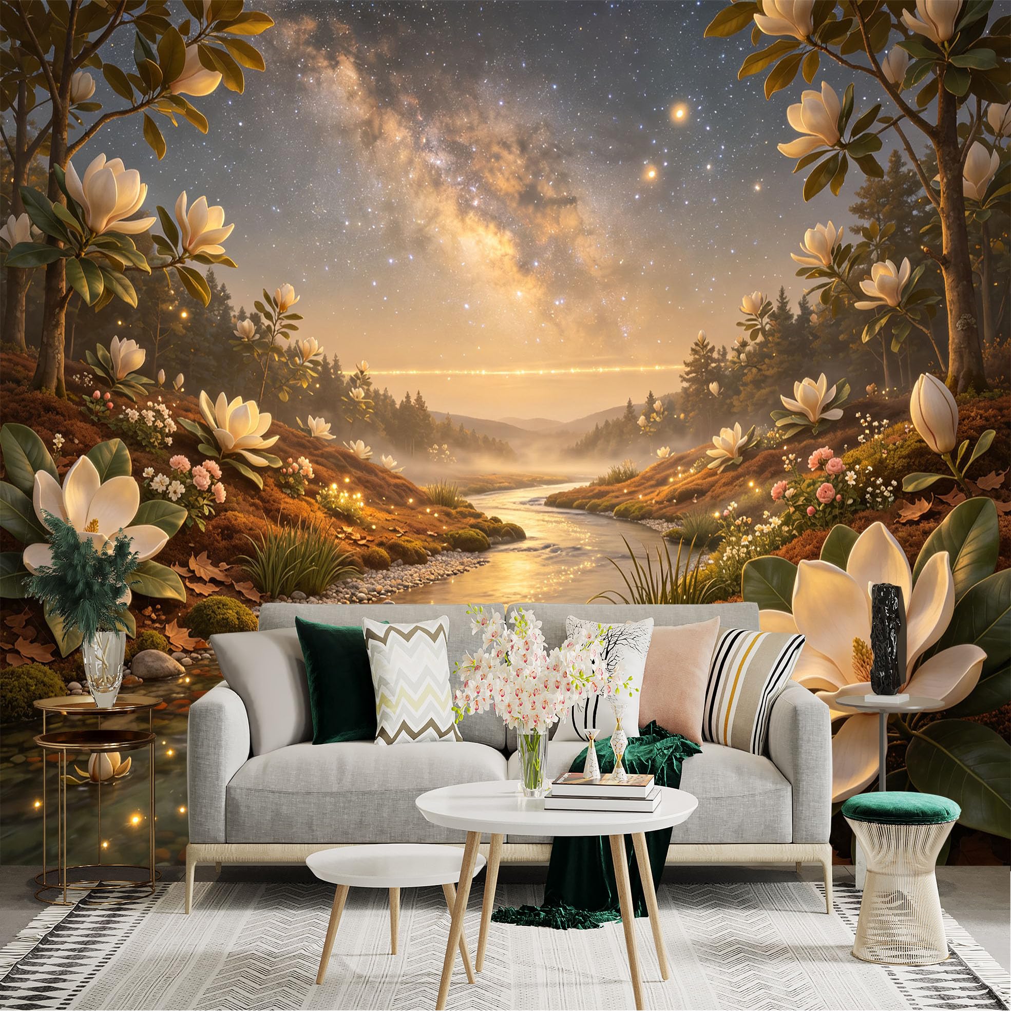 Lnzczhyre Bh260719296 Custom Size Wall Sticker Mural， Magnolia Flowers By Glowing River， Milky Way Night Sky， Scenic Landscape， For Wall Decoration， Peelandstick Wall Decals.