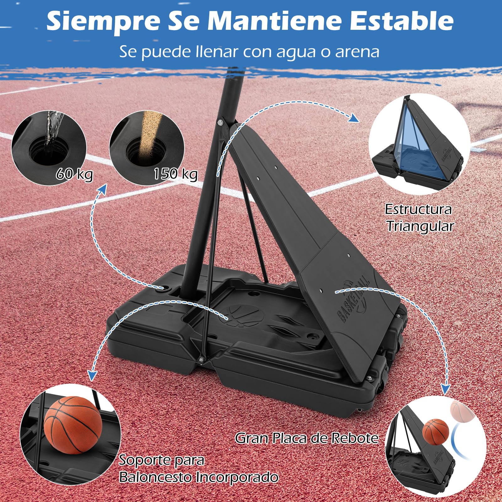 COSTWAY Canasta de Baloncesto Exterior, Altura Ajustable de 1,5 m a 3,05 m, Aro de Baloncesto Portátil PC con Base Rellenable de Agua 60 kg o Arena 150 kg, Canasta de Baloncesto Adolescentes y Adultos