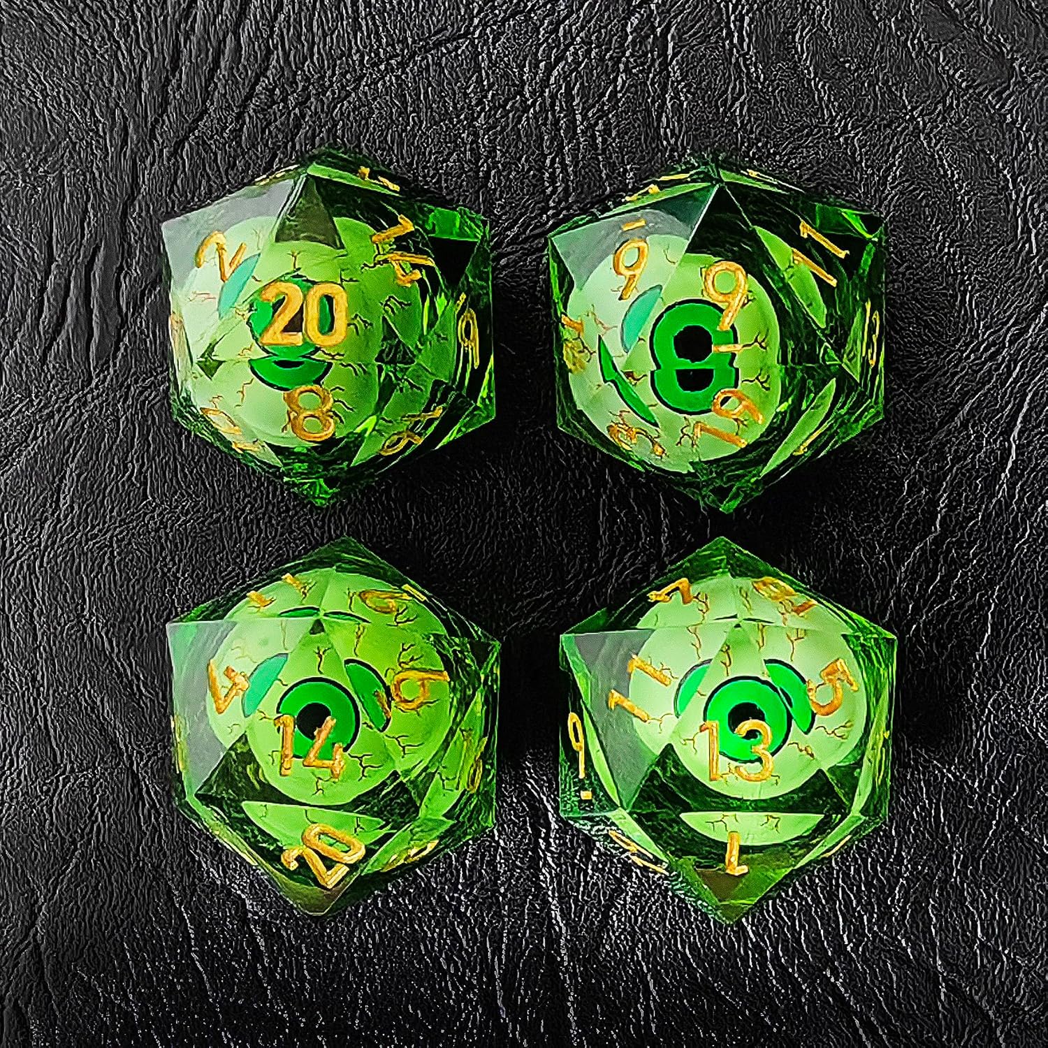 BESCON Sharp Edged Liquid Core Rolling Eyeball Dice - Razor Edge Polyhedral Dice with Rolling Eyeball Inside (One Piece D20 with Green Eye)