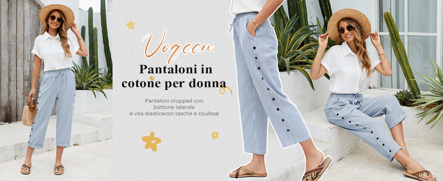 Pantaloni Donna Estivi In Cotone - Leggeri, Comodi Con Bottone Laterale E Tasche