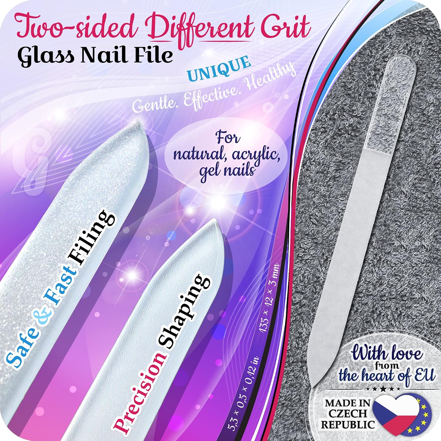 GLADZY Czech Glass Nail File with Case – Double Sided Crystal Nail File for Natural Nails, Dual Grit Coarse & Smooth Sides, Etched Bohemian Glass Manicure Tool, Professional Care, Ethically Made in EU