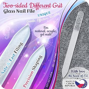 GLADZY 3D Czech Glass Nail File with Case Crystal Nail File for Natural Nails, Double Sided Dual Grit Coarse & Smooth Etched Surface, Comfort 3D Grip Handle, Professional Manicure Tool, Made in EU