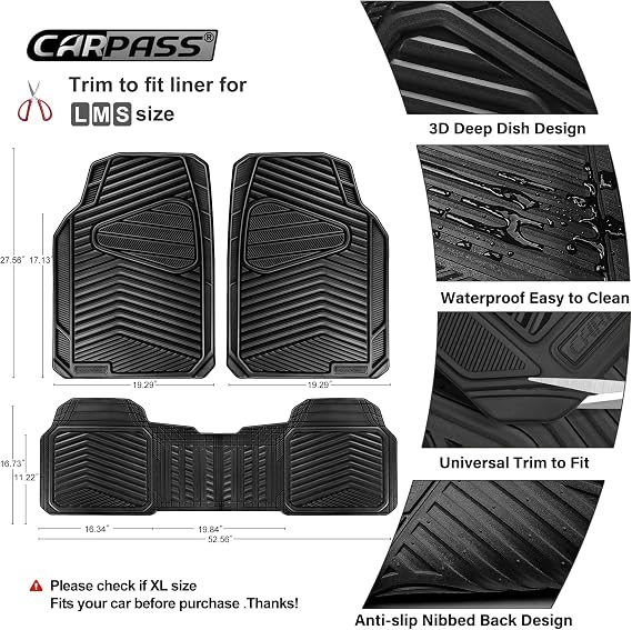 CAR PASS Rubber Car Mats, Waterproof Car Floor Mats All Weather,Car Mat Full Set 3 Piece, Automotive Floor Mat Trim to Fit for Cars Sedans SUVs Trucks, Anti-Slip Easy Clean, All Black