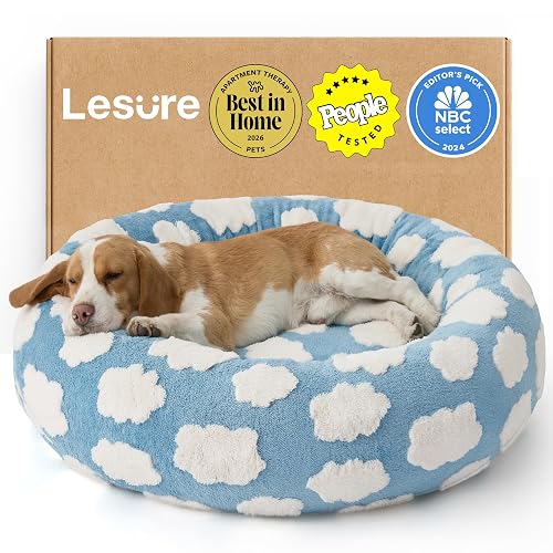 Lesure Shown on TV Donut Dog Beds Large Sized Dog - Round Pet Beds for Calming Puppy with Washable Cover, Orthopedic Modern Home Decor Beds with Jacquard Shaggy Plush & Anti Slip Bottom, 33 Inch，Blue