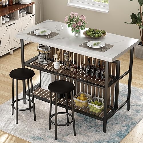 Miniatura 10 de Recaceik Juego de pub de 3 piezas, 2 taburetes de bar rectangulares, juego de 2 mesas de comedor de madera, mesa moderna de altura de mostrador con