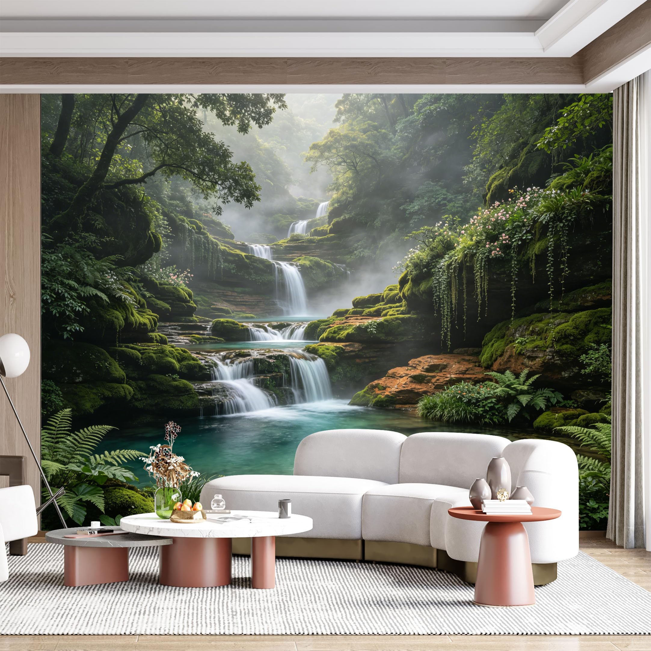 Custom Size Wall Mural Misty Forest Waterfall Nature Landscape Panoramic Watercolor SelfAdhesive Wall Fabric Removable for Home Office Decor