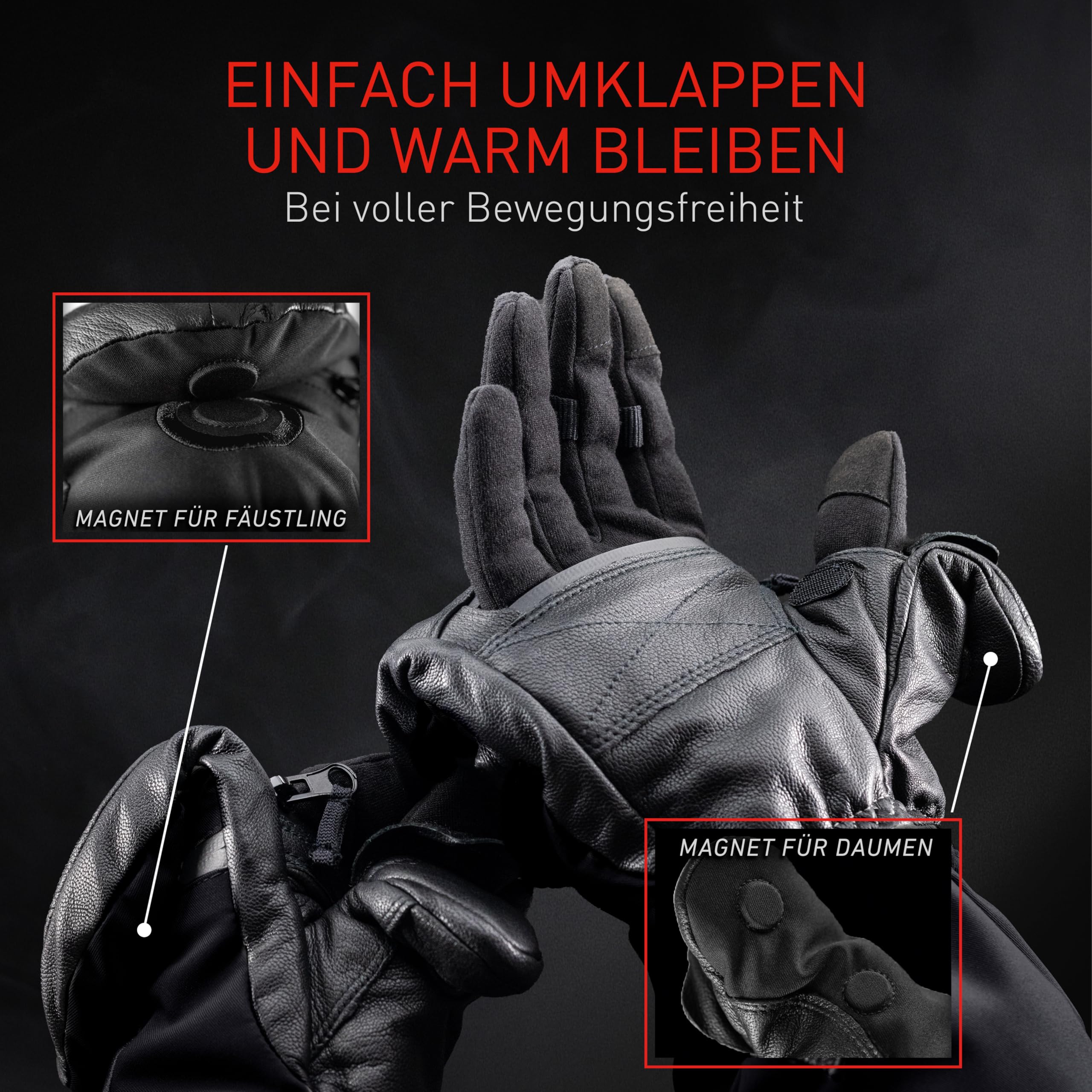 THE HEAT COMPANY - Heat 3 SMART – Die Handschuh Innovation – Handschuhe & Fäustlinge in Einem: Fäustling einfach umklappen - Handschuh Herren Winter & Damen, Skihandschuh, Wintersport, schwarz