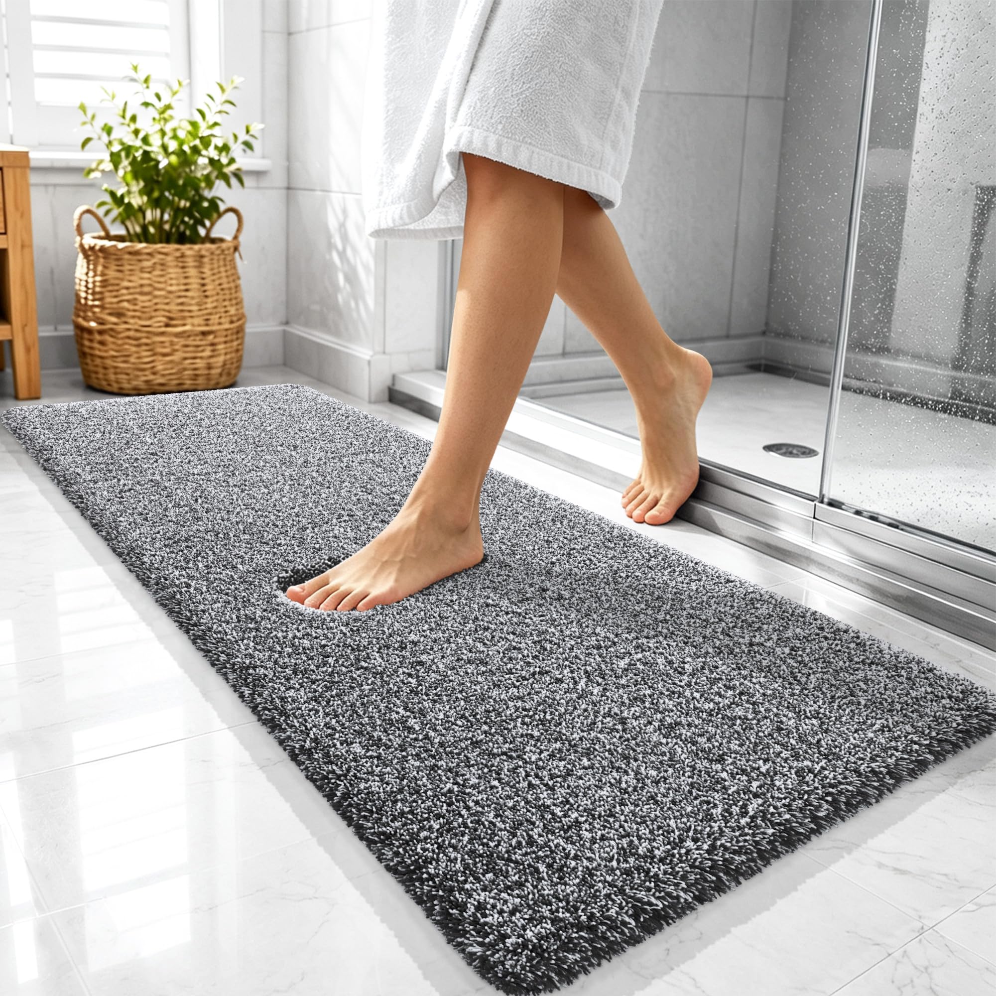 OLANLY Microfiber Bathroom Rugs 47x20, Quick Dry Bath Mat, Black and White
