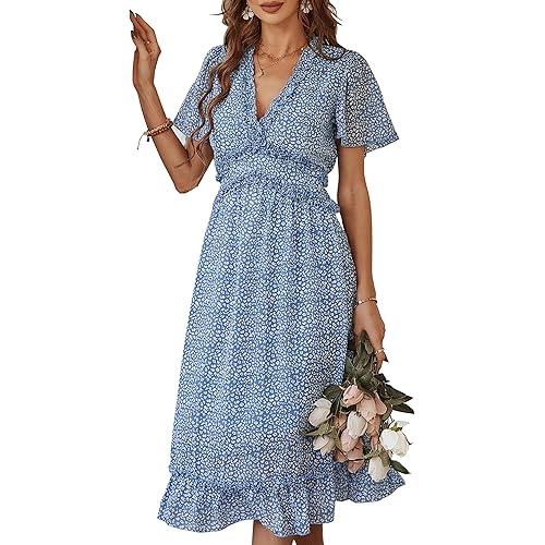 KIRUNDO 2023 Women's Summer Casual Ruffle Short Sleeve V Neck Boho Floral Print Midi Dress Flowy Chiffon A Line Long Dress
