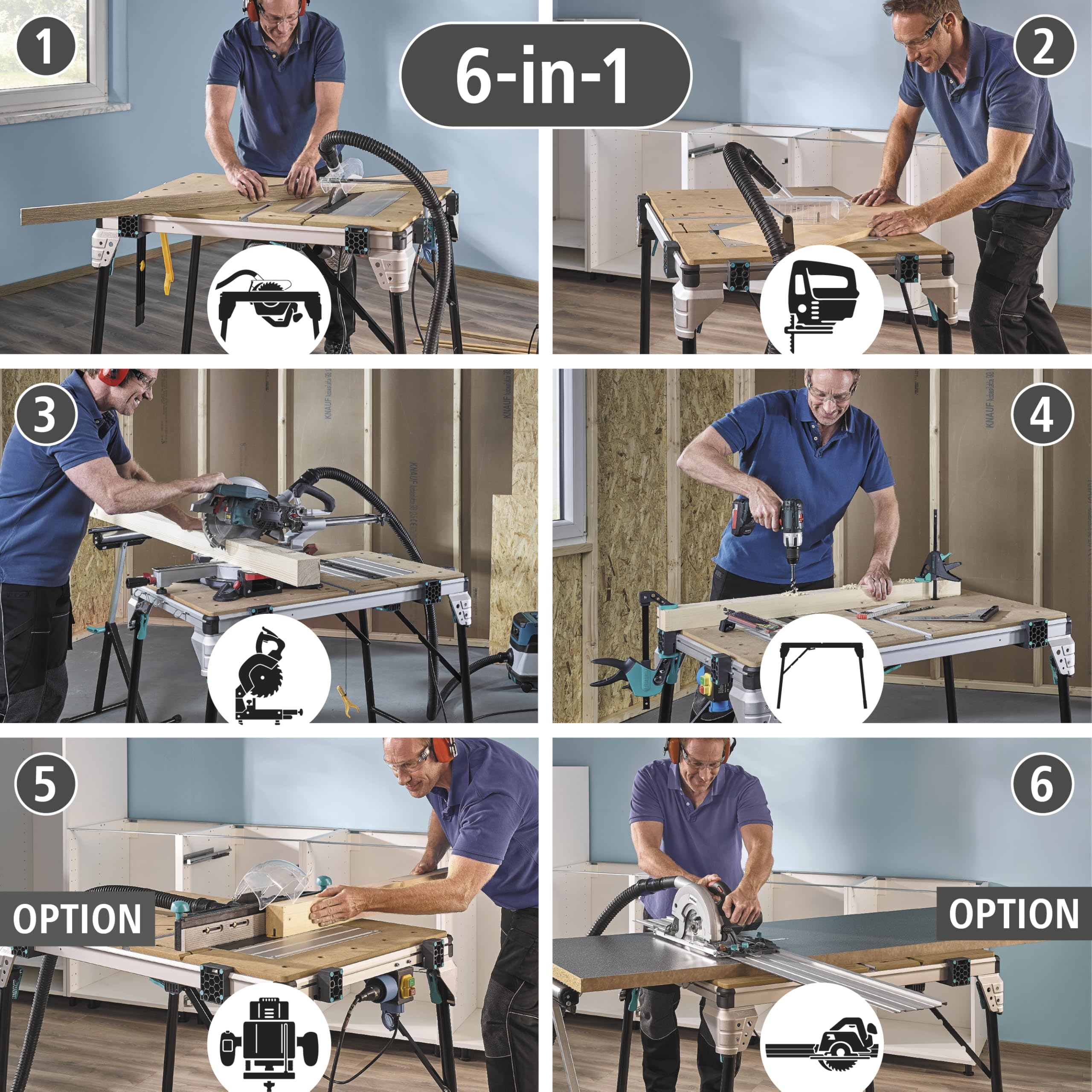 wolfcraft Master Cut 2600 - multifunktionaler mobiler Maschinentisch für Tischkreissäge, Stichsäge, Kapp- und Gehrungssäge, Arbeitsstation, Fräse und geführte Handkreissäge - klappbar - 6918000