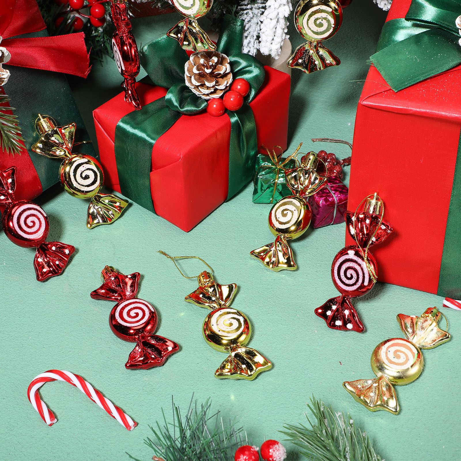 Threan 12 Pcs Christmas Candy Ornaments for Tree Decoration Hanging Glitter Candy Cane Christmas Peppermint Ornament with Golden Rope for Xmas Holiday Decoration(Red - Image 4