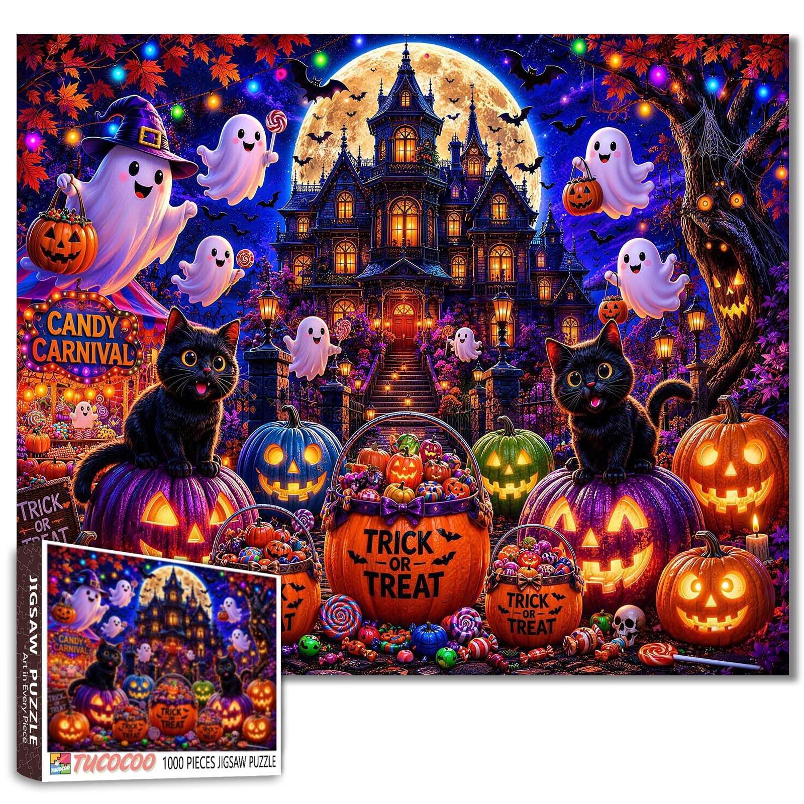 Halloween Jigsaw Puzzles 1000 Pieces for Adults, Families(black cats,Candy Carnival,Trick or Treat) Pieces Fit Together Perfectly 19.7''x27.6''inch Frameable Freedom Puzzle Art