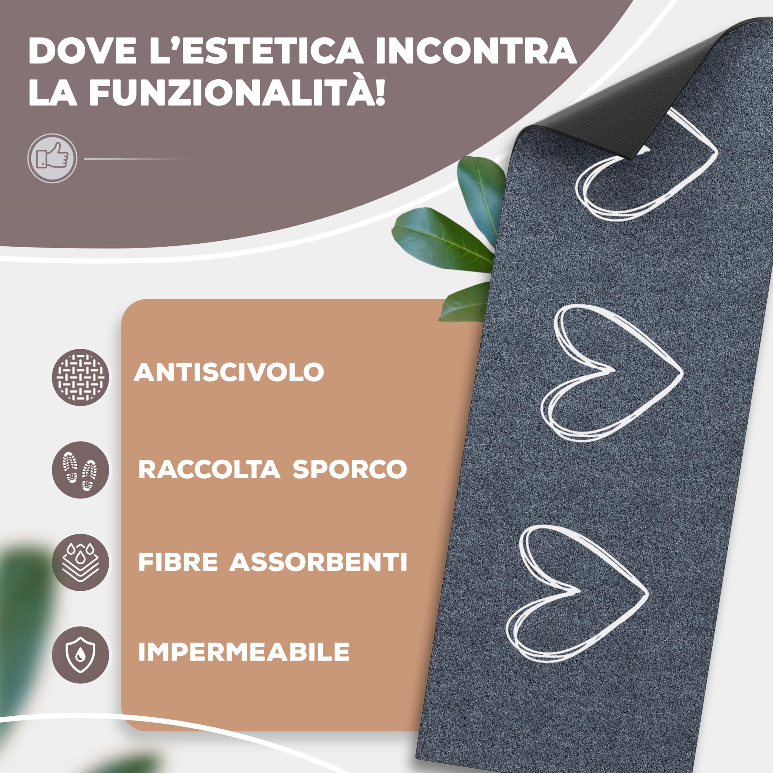 Zerbino Betz Con Faccina Di Gatto E Cuore – 40x60 Cm, Grigio, Antiscivolo, Assorbente – Per Porta E Ingresso