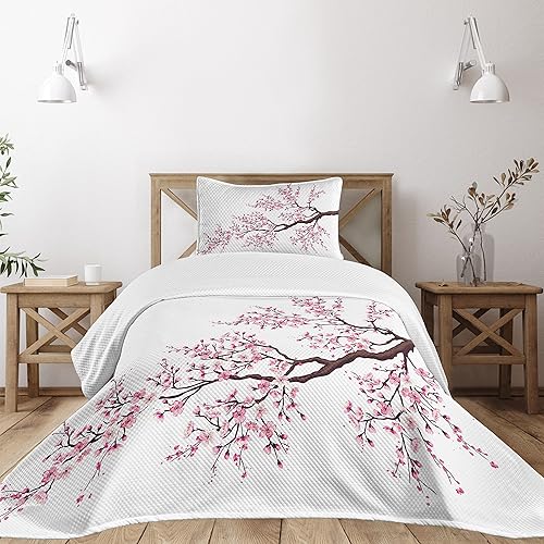 Ambesonne Juego de colcha japonesa, rama de un floreciente árbol Sakura, flores de cerezo, arte temático de primavera, colcha decorativa de 3 piezas