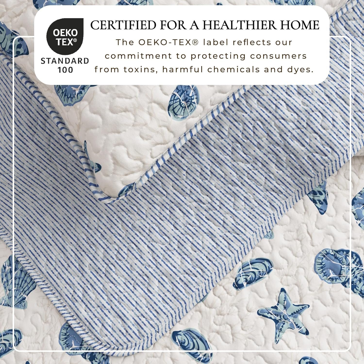 Great Bay Home Coastal Quilt Set - 3-Piece King/California King Size Nautical Bedding Set - Lightweight, All-Season, Reversible Coral-Printed Bedspread (Blue Shells)