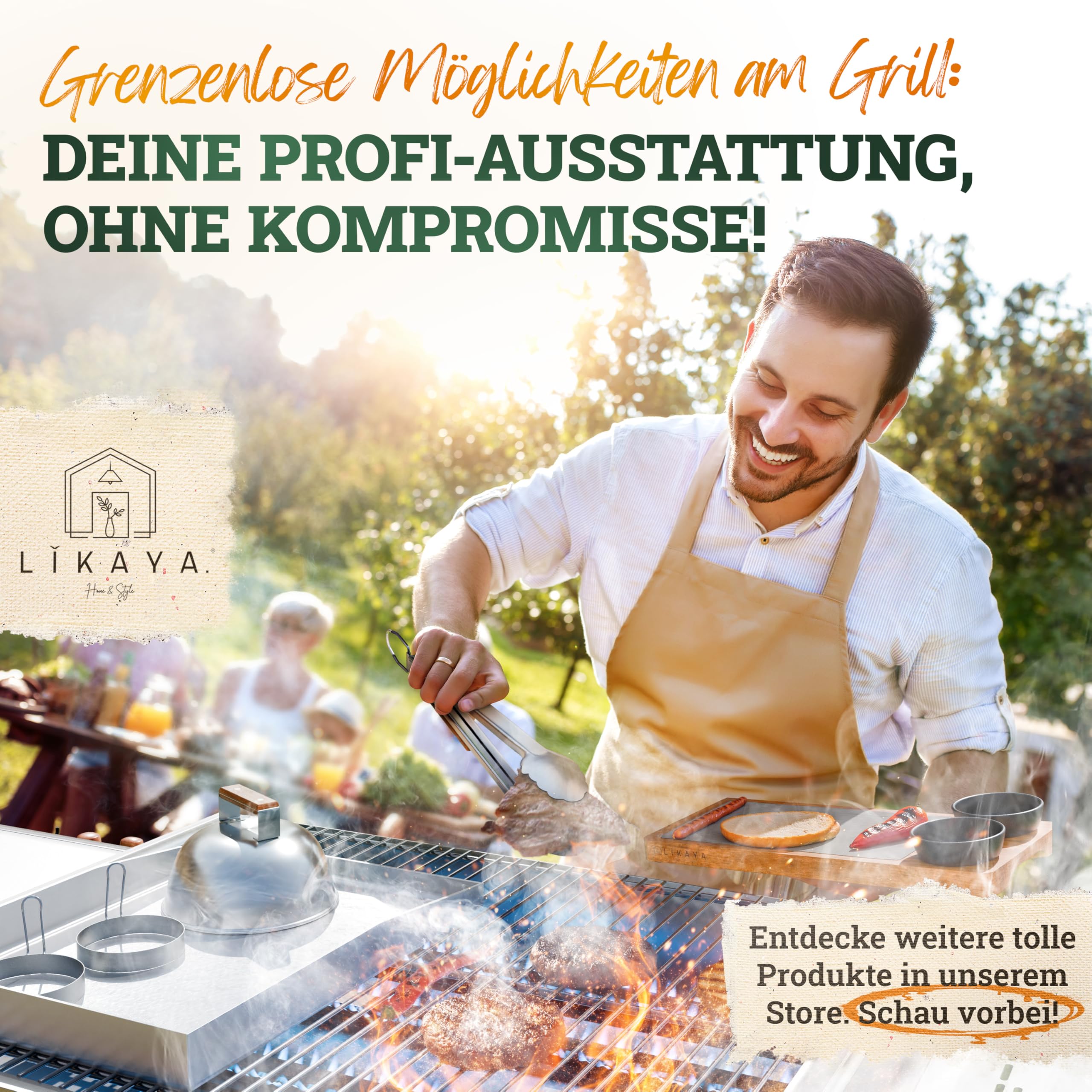 LIKAYA® Premium Grillbesteck-Set [5-TLG.] aus Edelstahl mit Akazienholz-Griff (Grillzange, Grillwender, Grillbürste, Grillgabel & Grillpinsel) – Perfektes Grillwerkzeug für Gasgrill & BBQ!