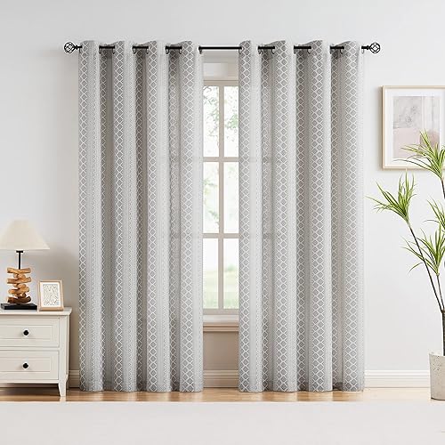 Fragrantex Cortinas semitraslúcidas grises de 84 pulgadas de largo para dormitorio, cortinas con estampado bohemio, tratamiento de ventana para sala