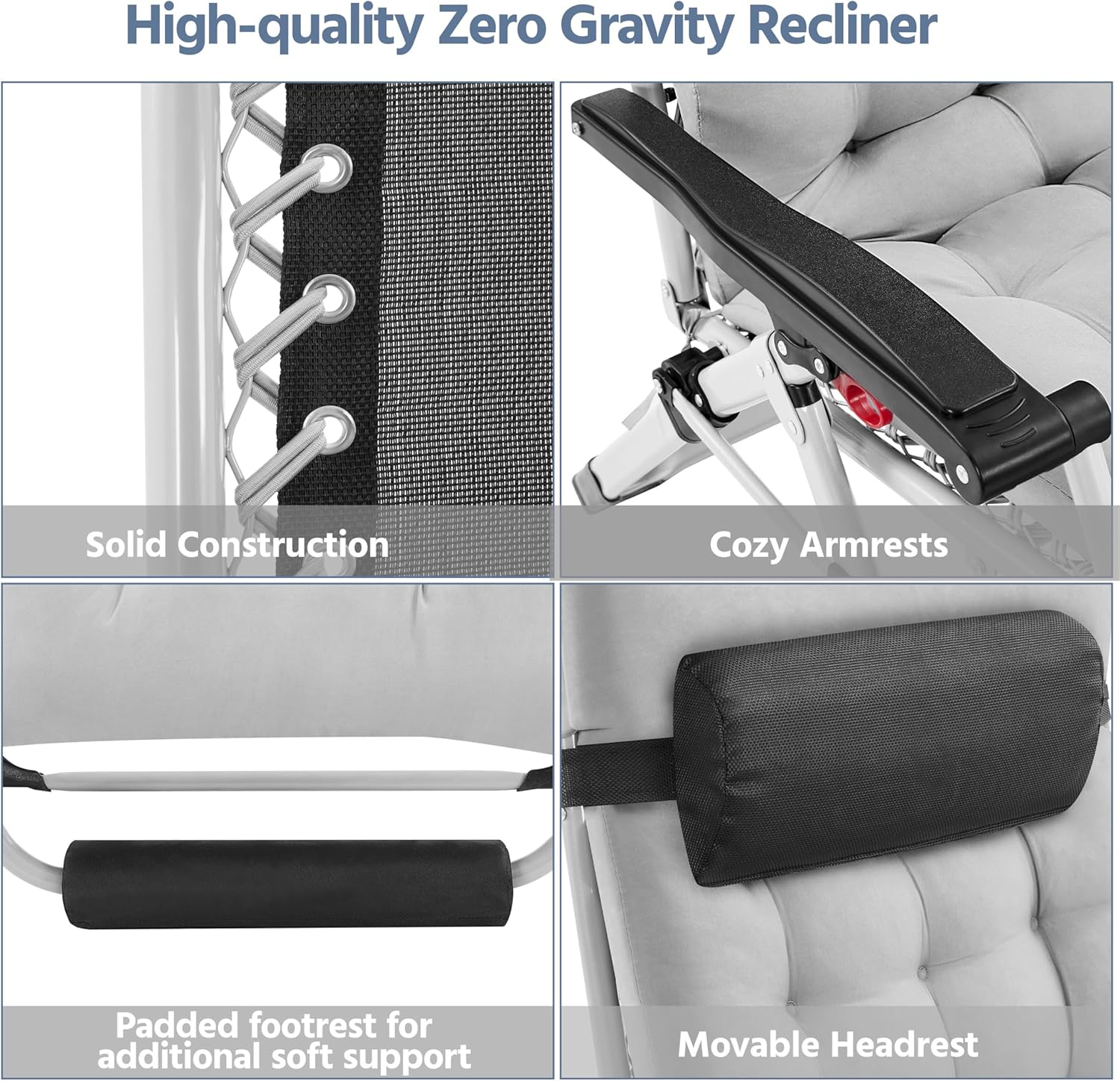 Yaheetech 29in Zero Gravity Chair, Foldable Premium Reclining Lounge Recliner w/Removable Pad & Pillow & Side Accessory Tray for Indoor and Outdoor Gray 4PCS