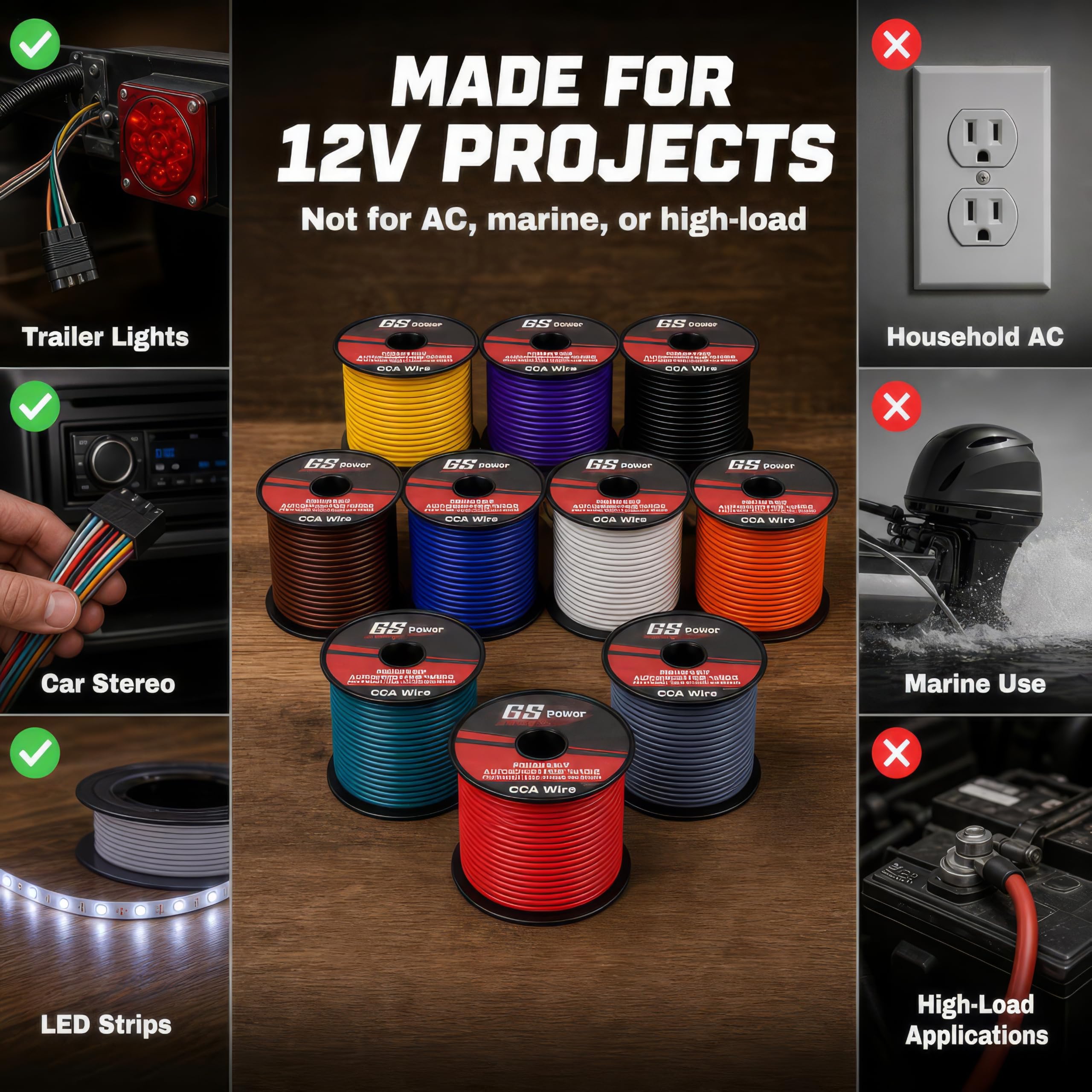 GS Power 's 18 Gauge GA, 6 rolek o długości 30 m (łącznie 600 ') Auto Audio Video Power Primary Remote-Turn-On Hook Up przewód (zestaw kolorów: czerwony, czarny, niebieski, żółty, biały, fioletowy)
