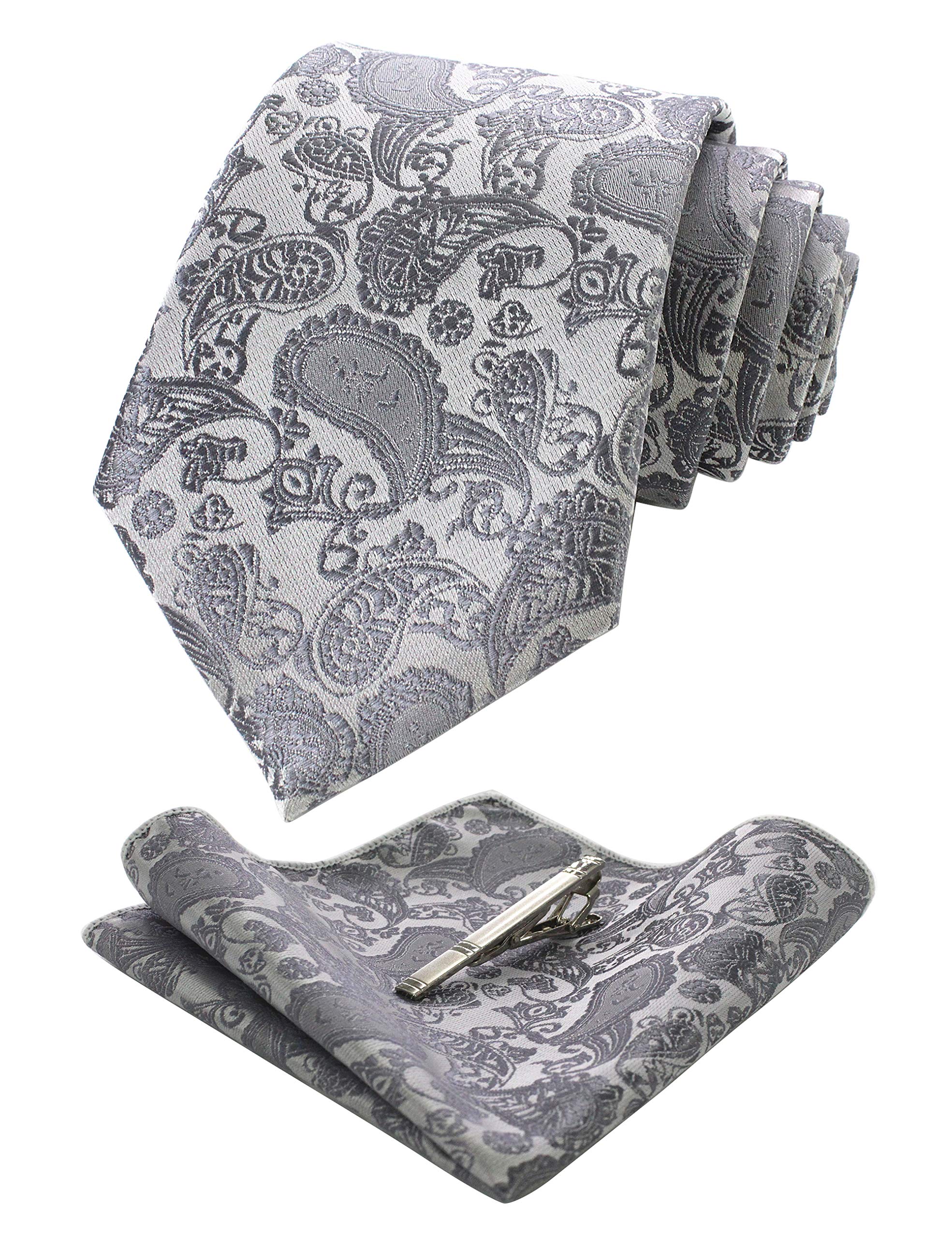 JEMYGINS Silber krawatte Paisley Herren Krawatten und Einstecktuch mit krawattenklammer Sets (3)