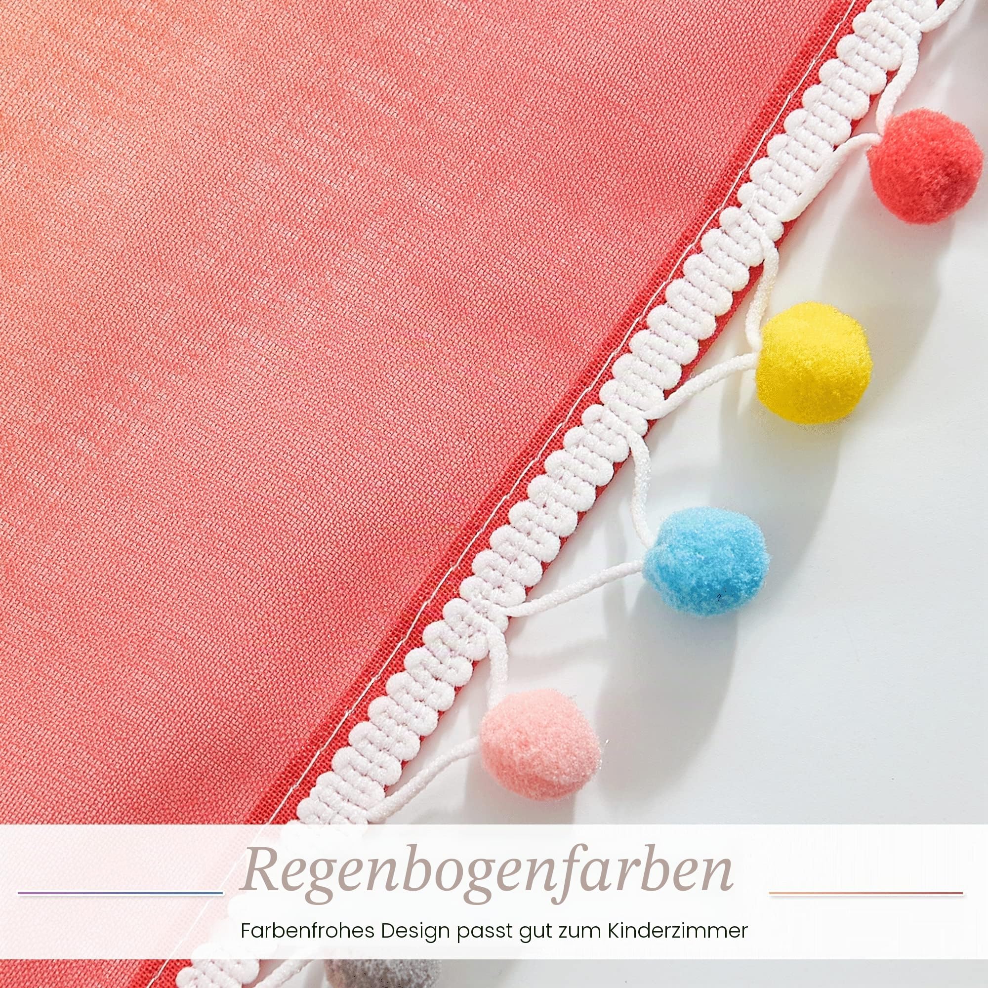 NICETOWN Farbverlauf Gardinen Kinderzimmer Ösenvorhang 2er Set H 160 x B 140 cm Regenbogen Leinenoptik Vorhang Transparent mit Bunten Pompons Dekoration