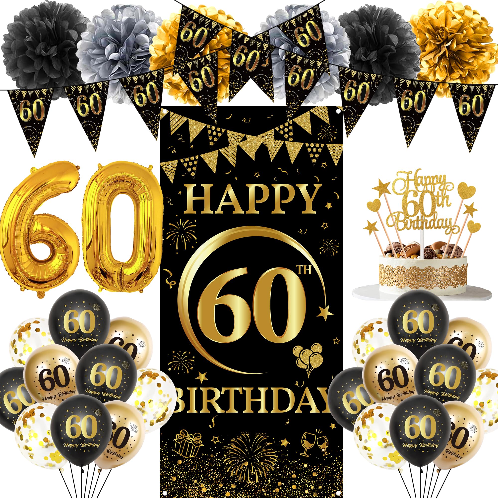 60th Birthday Decorations Men Set - 37 Pcs Black Gold Party Supplies with Backdrop Banner, Number 60 Foil Balloons, Latex Balloons and Paper Pom Poms for Adult 60th Milestone Celebration