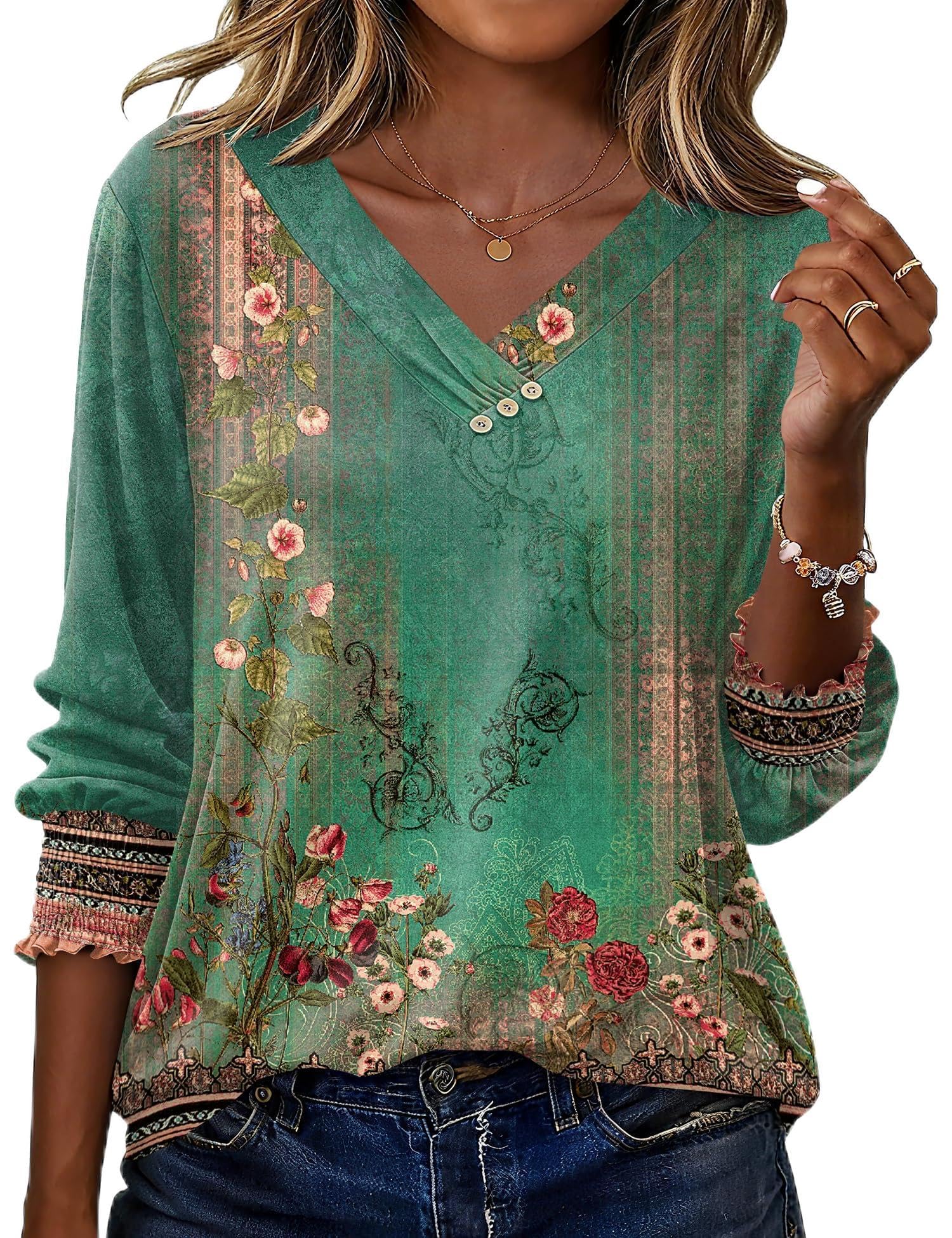 Rapbin Bluse Damen 3/4 Arm Shirt Elegant V-Ausschnitt Tunika Sommer Tops Lässig Oberteil Mit Knopfleiste 2026