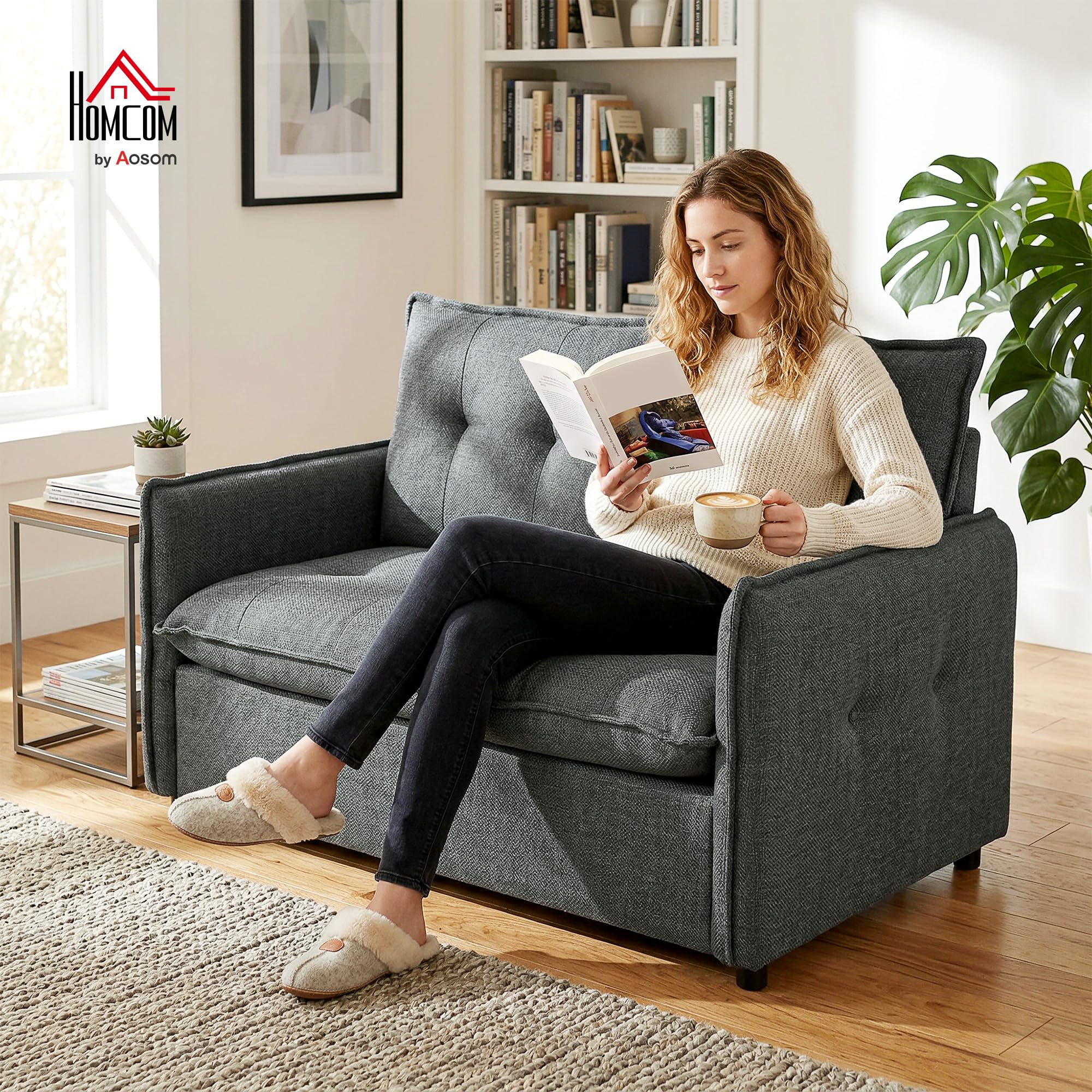 HOMCOM Sofá de 2 Plazas, Tapizado en Lino, Sofá Moderno con Acolchado Grueso, Diseño Capitoné, para Espacios Pequeños, Salón, Dormitorio, Oficina, Sala de Estar, 131x75x85 cm, Gris Oscuro