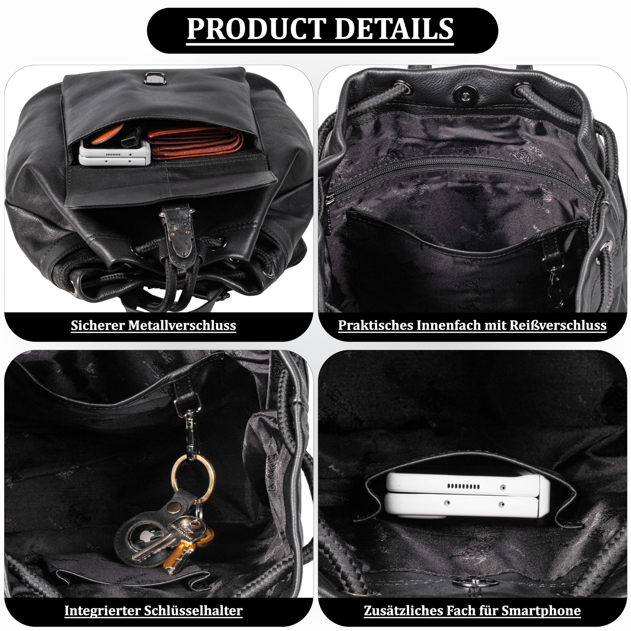 MATADOR Rucksack Tasche 2 in 1 Damen Leder #ROM, Stilvoller Rucksack Damen Schwarz für Alltag, eleganter Cityrucksack oder Lederrucksack, Robuste Rucksackhandtaschen mit Kordelzug, Schwarz Nappa