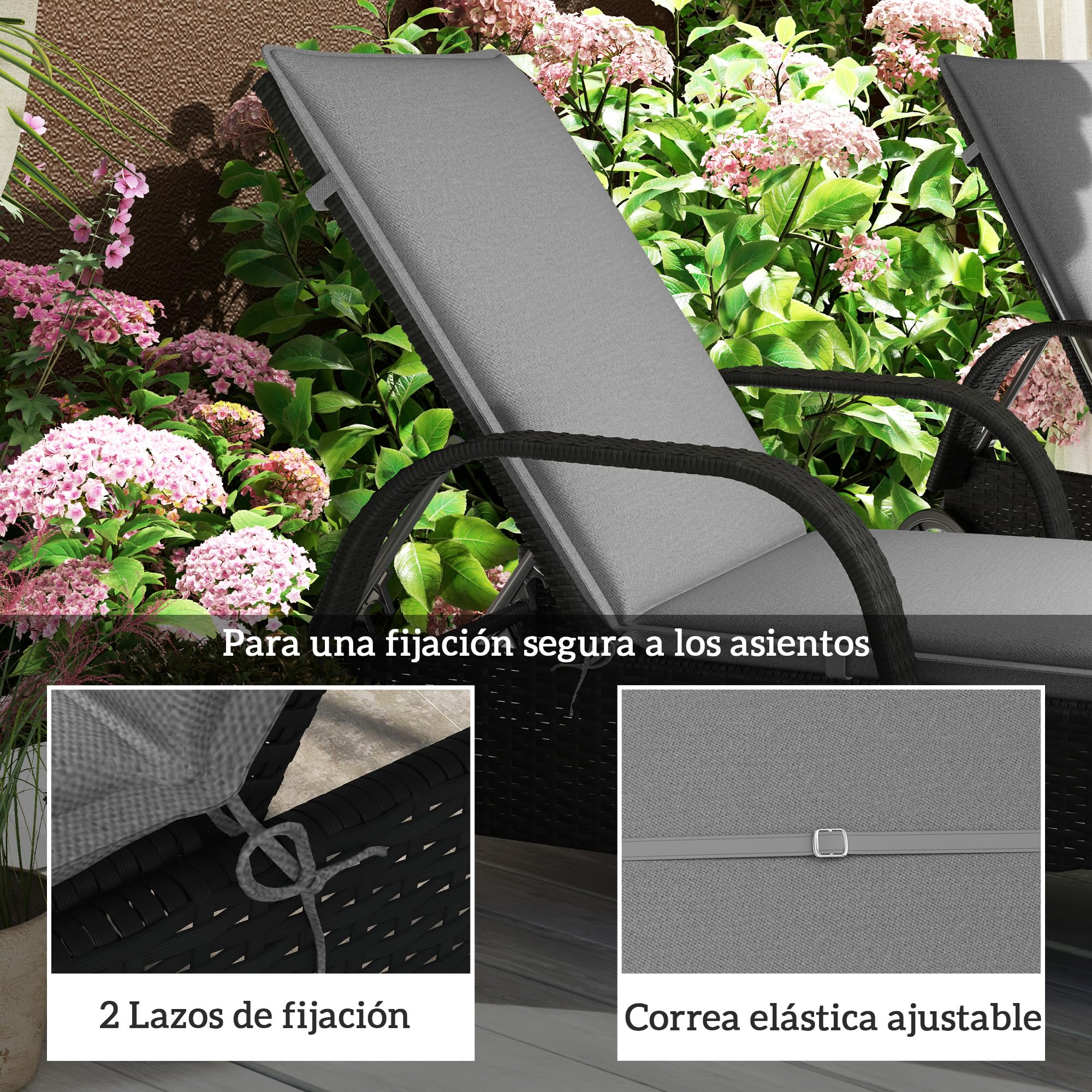 Outsunny Pack 2 Cojines para Tumbonas Plegables Colchonetas para Tumbonas de Jardín Exterior 193x58x6 cm con Correas de Sujeción Protección UV Resistente a Salpicaduras Gris