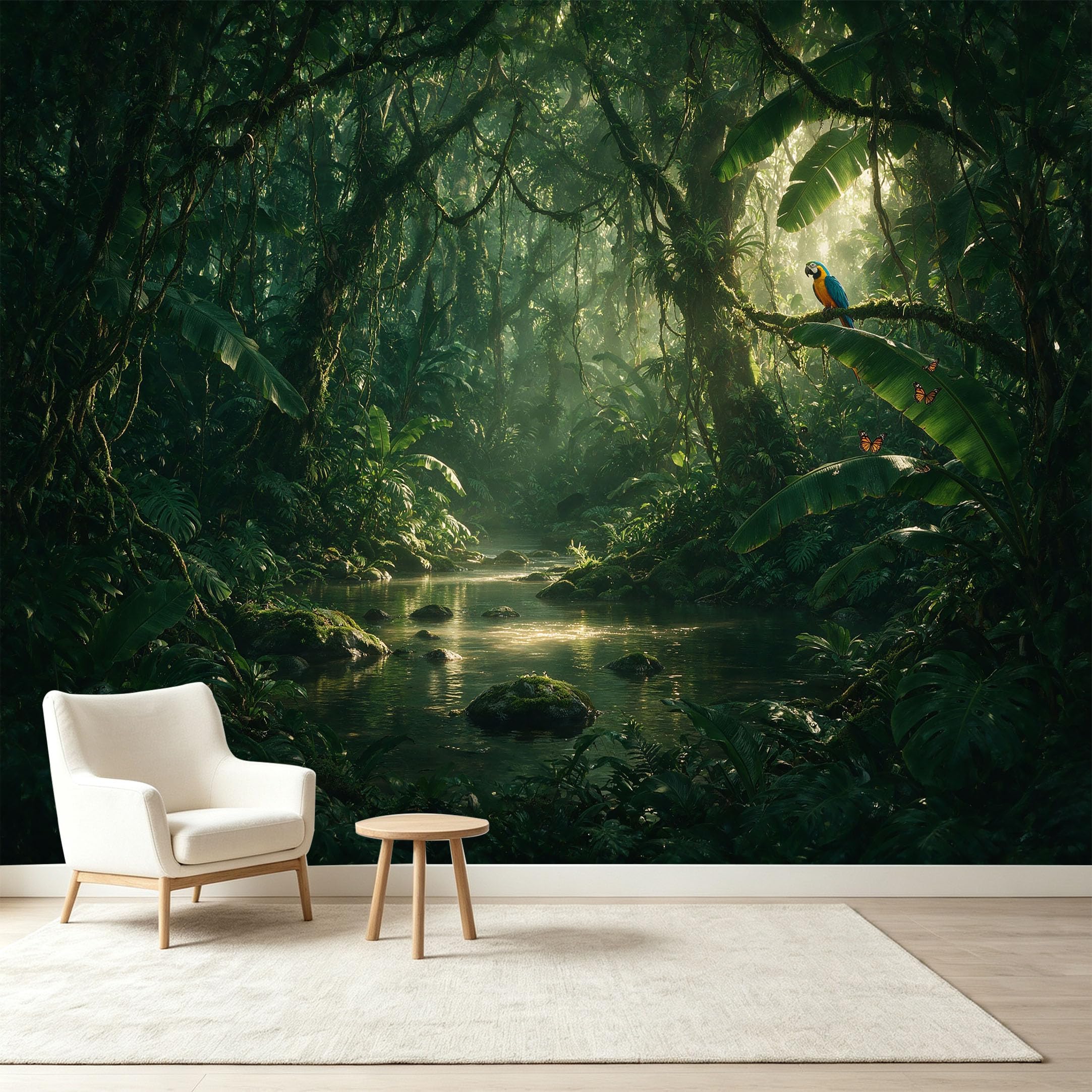 Custom Size Wall Murals Tropical Jungle Rainforest Botanical Macaw Bird Stream Self-Adhesive Wall Fabric Removable Wallpaper Wall Decor for Living Room Bedroom Bathroom