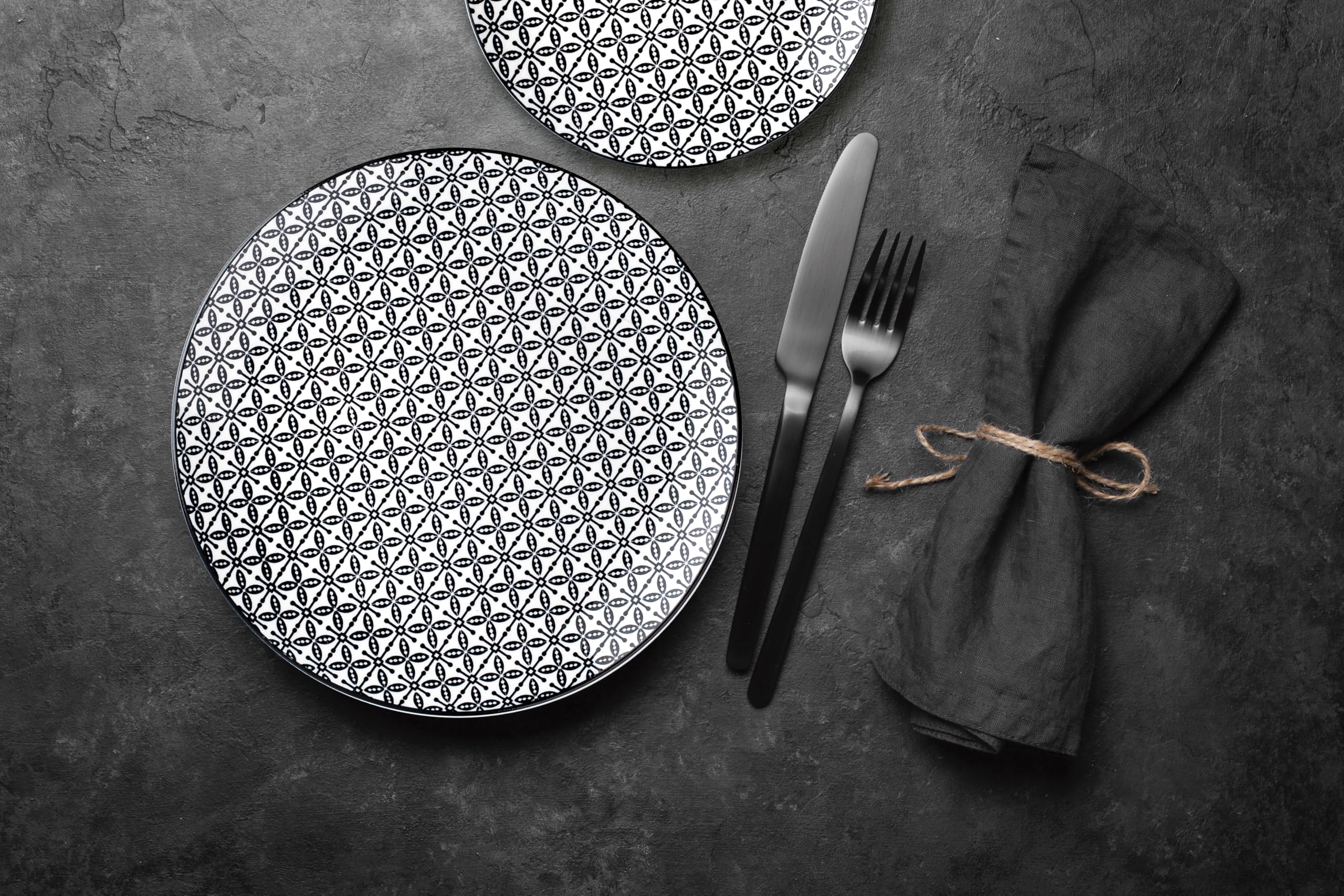 IBILI - Service de table 12 pièces Bavaria, assiettes en porcelaine pour 4 personnes, Noir/Blanc