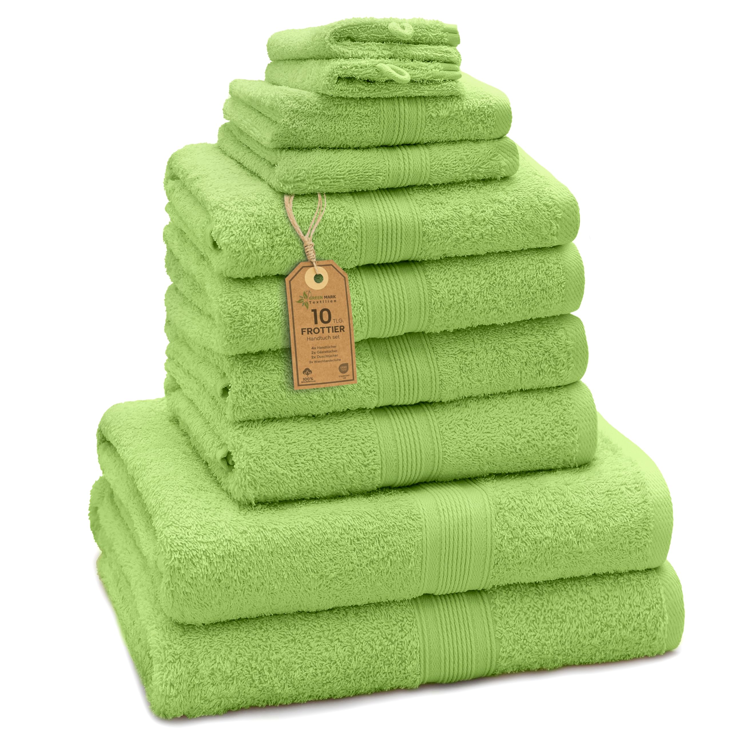 GREEN MARK Set di 10 asciugamani in 100% cotone – 4 asciugamani per mani 50×100, 2 asciugamani grandi da doccia 70×140, 2 asciugamani per ospiti 30×50, 2 guanti da bagno – Verde Mela