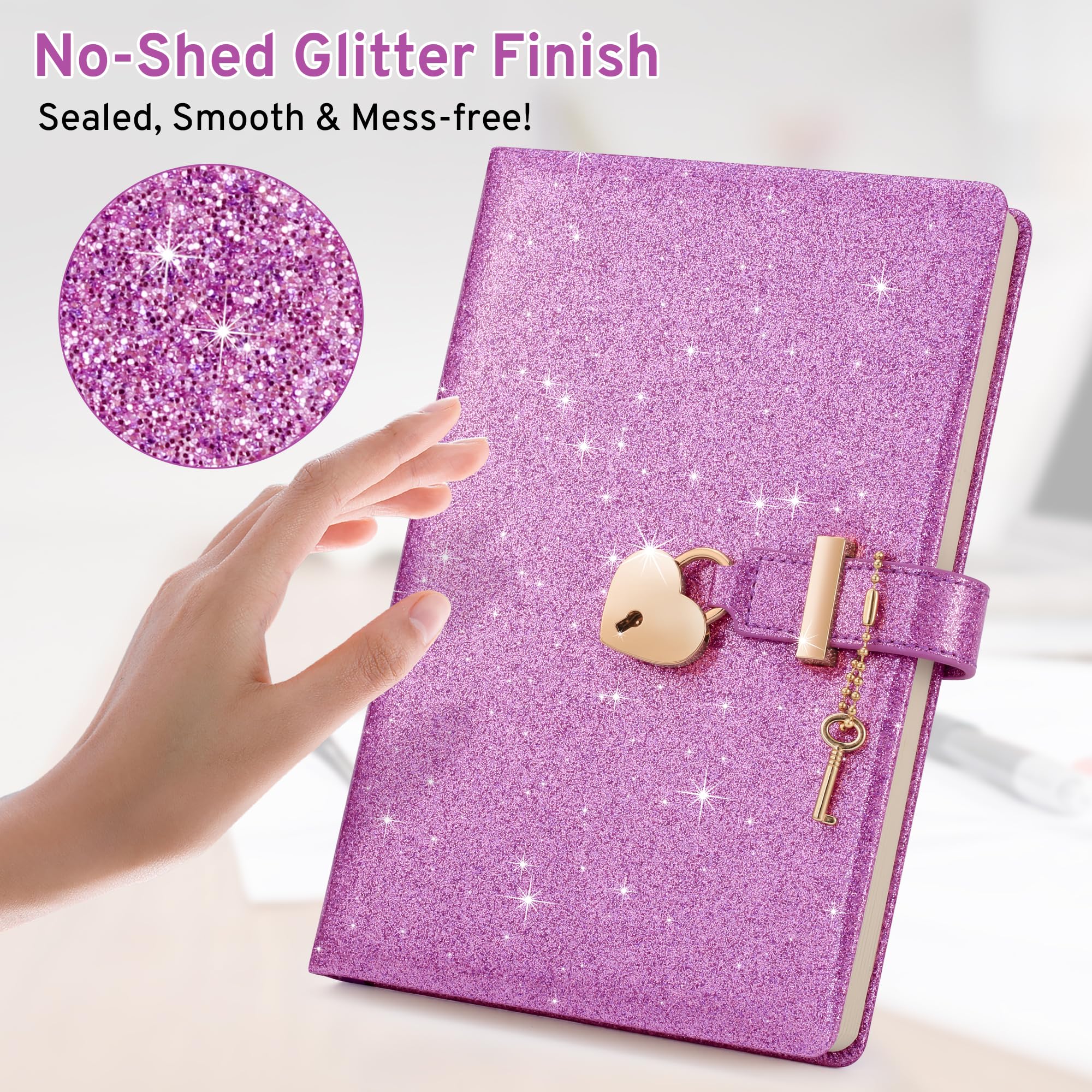 Journal à paillettes avec serrure et clé, 21,3 x 14,5 cm, journal scintillant qui ne perd pas ses poils pour filles, carnet ligné A5 pour écrire, cadeau d'anniversaire pour enfants et
