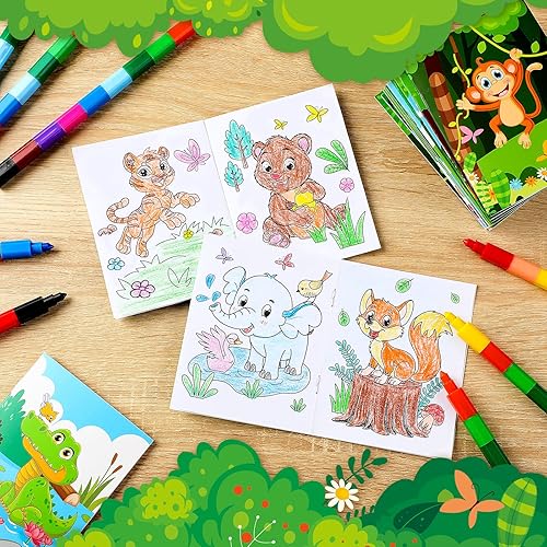 Miniatura 4 de Juego de 30 libros para colorear y lápices de colores de animales de la selva para niños incluye 24 libros para colorear y 6 crayones de bloques de