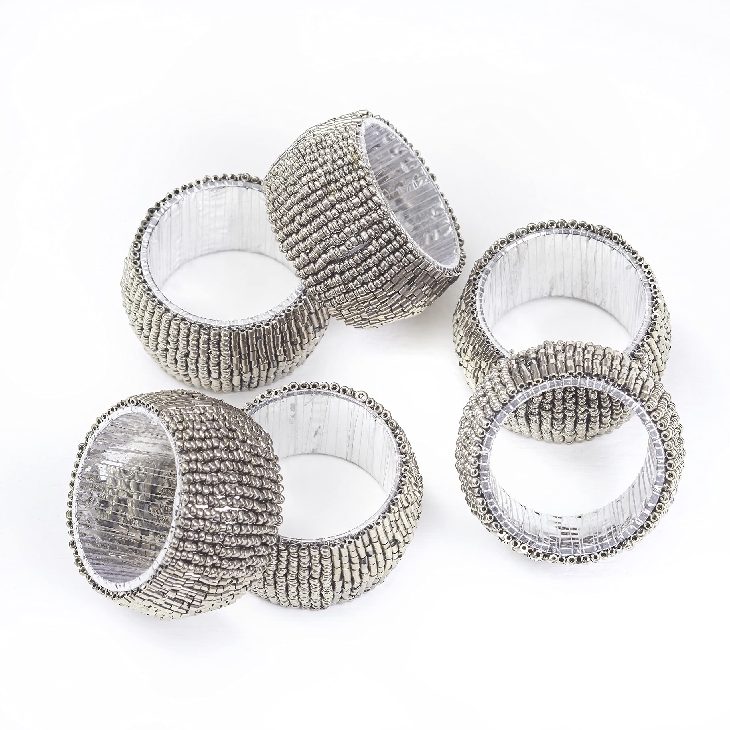 Penguin Home Set of 6 Handcrafted Glass Beaded Napkin Rings/Napkin Buckles/Table Decor for Dinner Wedding Party/Thanksgiving, Christmas/Diameter : 5 cm Height : 3 cm/Antique Silver