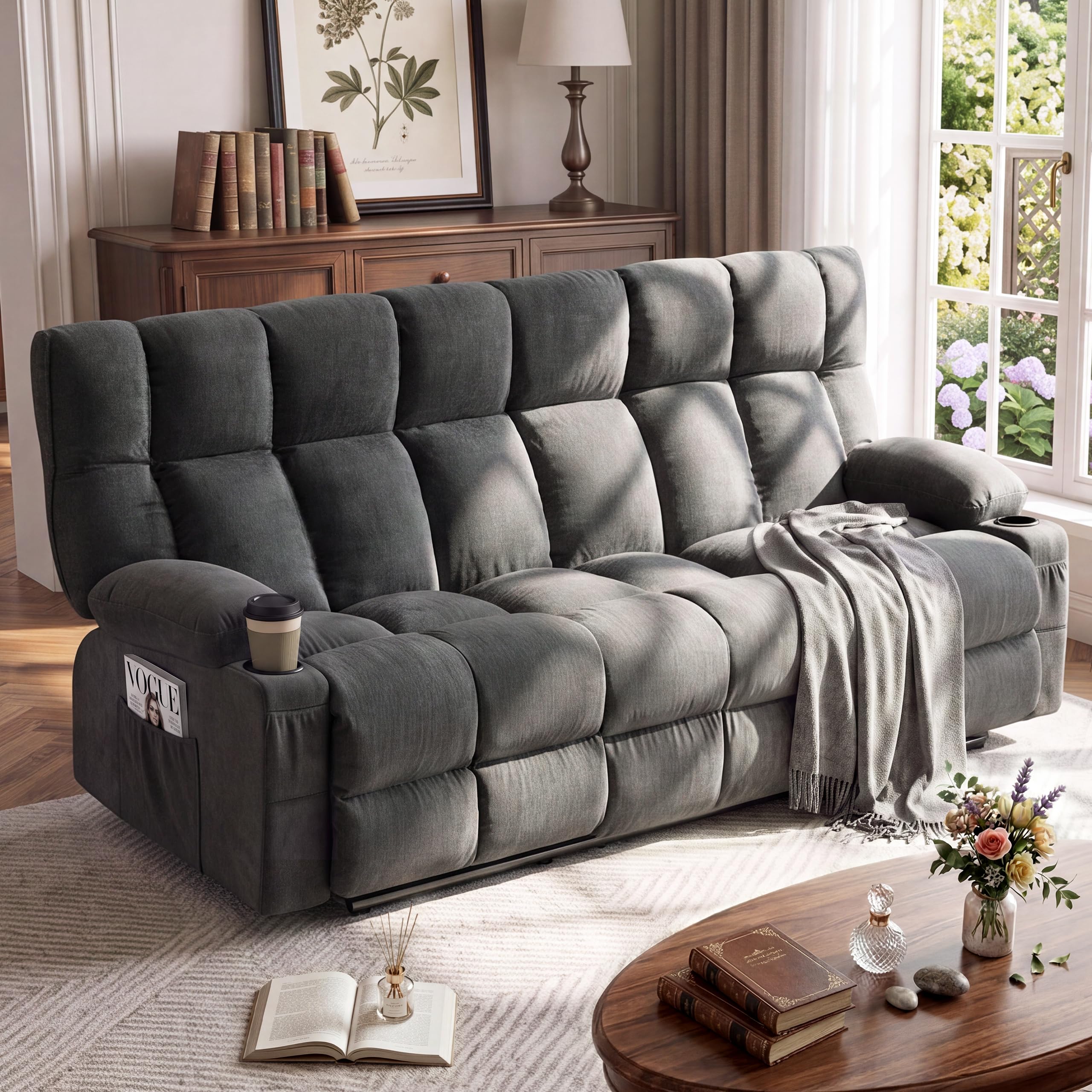 Oversized 3-Seater Recliner Sofa, Big Large Reclining Sofa with Cup Holders &