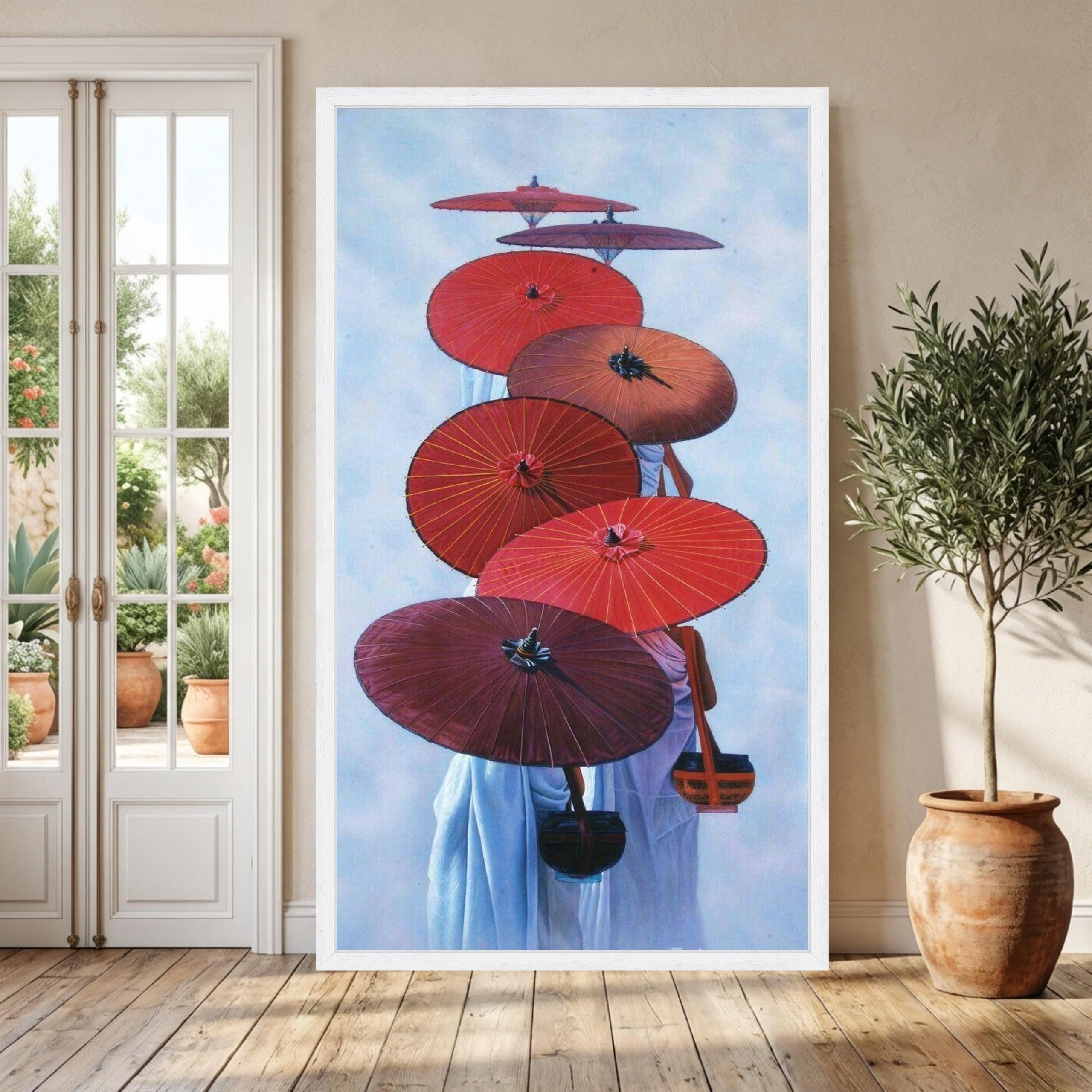 TONGYINLI Traditional Red Umbrellas Painting, Red Paper Parasols Artwork, Cultural Wall Art, Oriental Style Canvas Prints(80x150cm/Internal Frame)