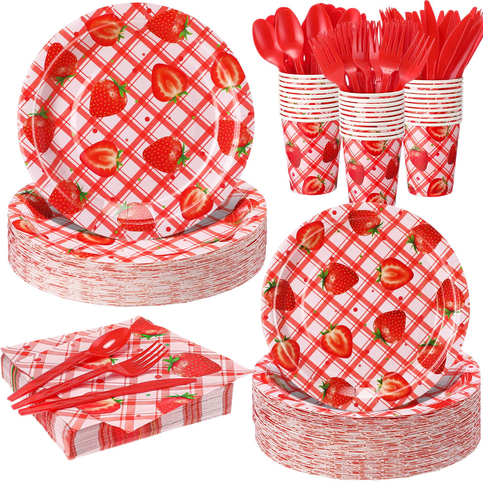 Ziliny 350 Pcs Strawberry Party Supplies Tableware Set Disposable 9'' 7'' Paper Plates 9 oz Cups Cutlery Napkins Dinnerware Set for 1st Birthday,