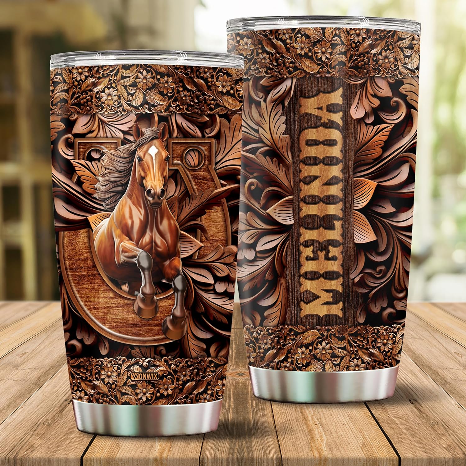 Personalized Horse Wood Drawing Tumbler Gifts for Women Men Him Her 20oz Stainless Steel Insulated with Lid Custom Name Travel Mug Coffee Cup Horse Equestrian Gift - Image 2