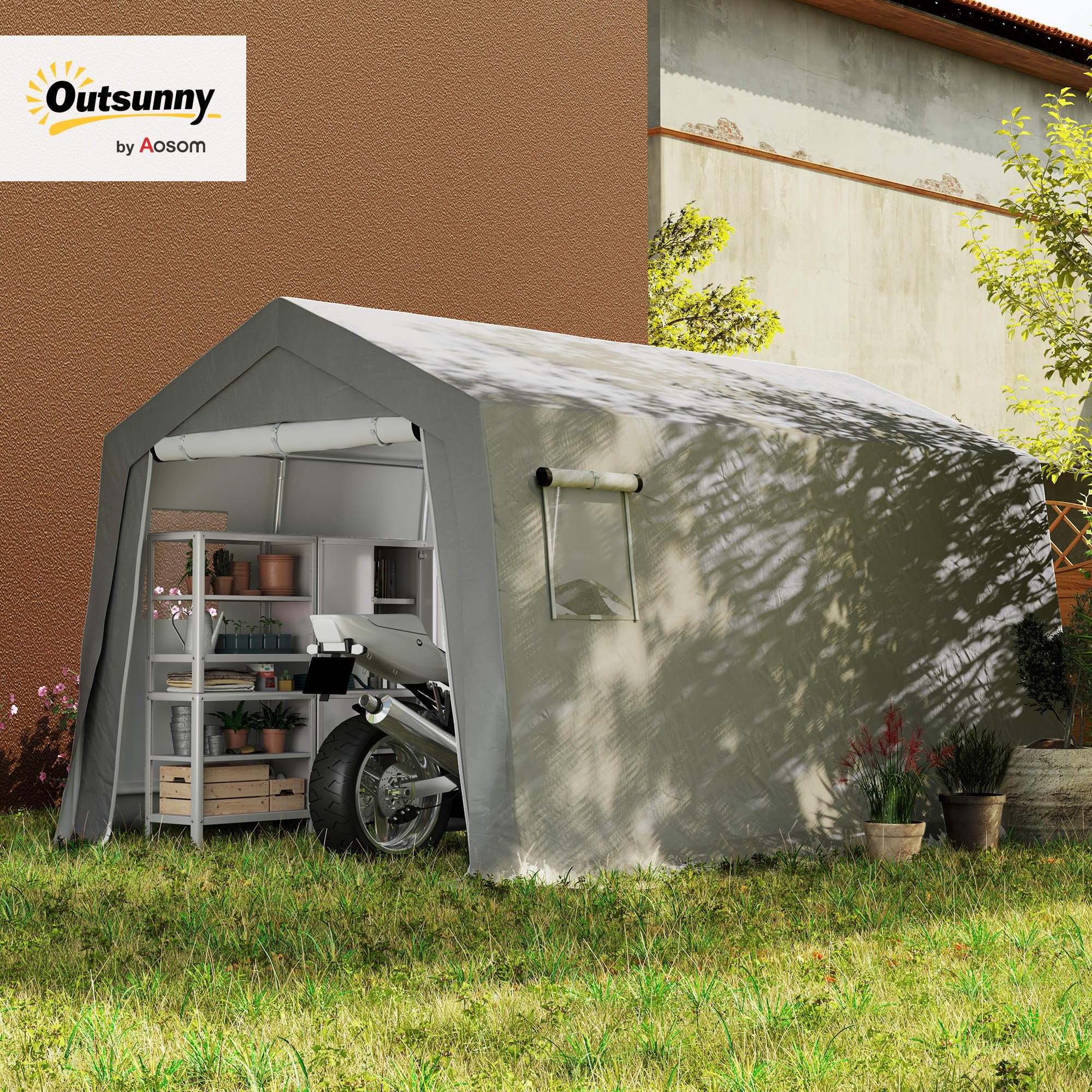 Outsunny Abri de Jardin Abri Vélo Extérieur 3 x 4,5 x 2,5 m Gris Clair | Porte Enroulable Zippée, Fenêtres Ventilées, Tente de Stockage Étanche Anti-UV, pour Moto, Outils de Jardin
