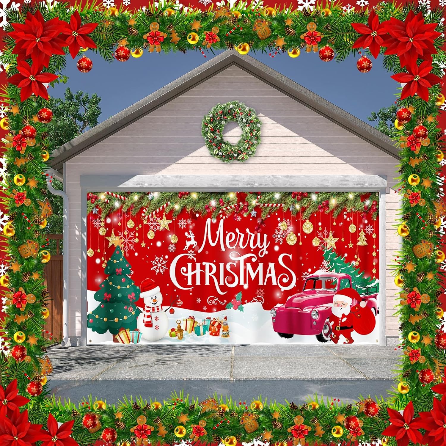 Preboun 2 Pcs Thanksgiving Garage Door Banner Decorations 6 X13 ft Merry Christmas Garage Door Cover with Rope Extra Large Fall Give Thanks Backdrop for Thanksgiving Autumn Harvest Home Party Decor