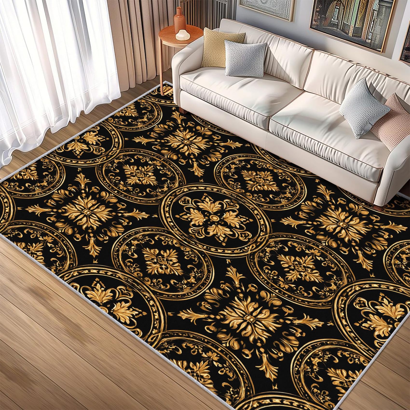 Tapis baroque noir et or lavable et antidérapant pour chambre et salon