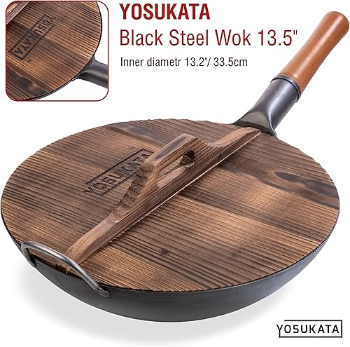 Miniatura 8 de YOSUKATA Wok Pan de acero al carbono de 13,5 pulgadas + cubierta de wok premium de 13.5 pulgadas + palillos de cocina largos de madera natural,