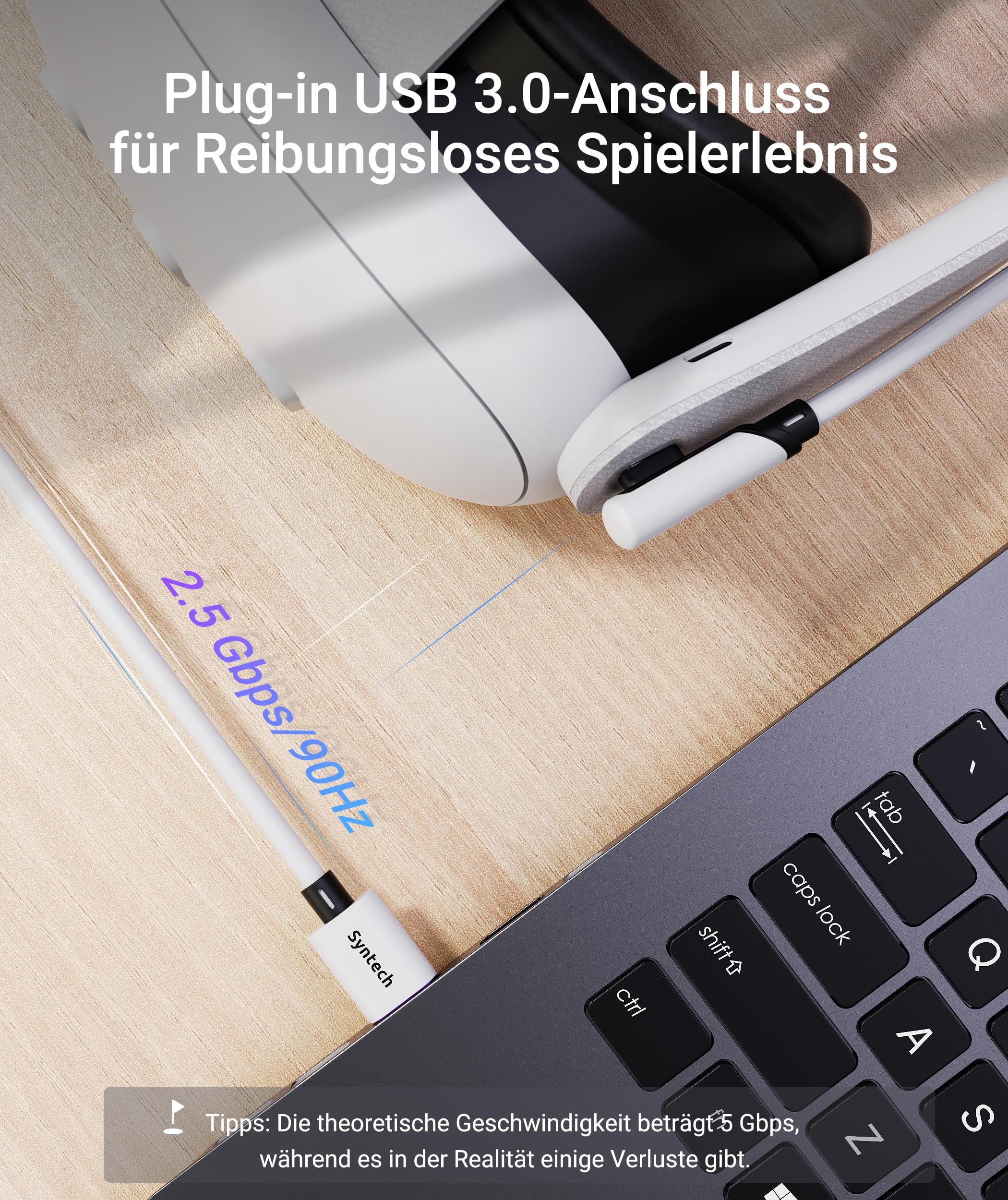 Syntech Link Kabel mit Ladefunktion 5M Kompatibel mit Oculus/Meta Quest 3/3S Zubehör, Quest2/Pro Link Kabel für PC/SteamVR mit erweitertem Ladeport, USB 3.0 A zu C VR Ladekabel