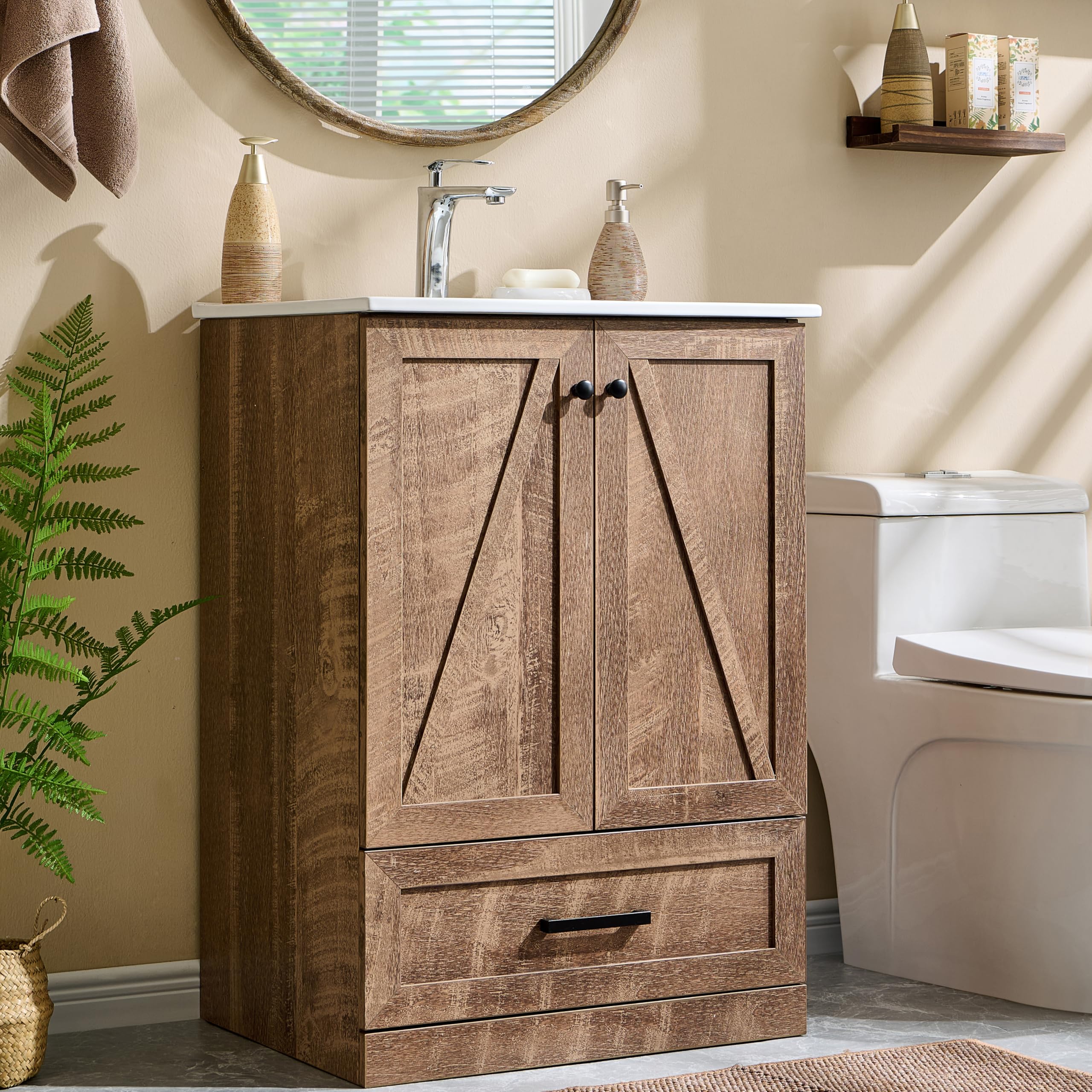 24" Farmhouse Bathroom Vanity with Sink, Bathroom Vanity Sink Cabinet with Large Storage Drawer, Modern Floor Standing Bathroom Vanity with Barn Door, Soft Closing & Metal Handle, Light Brown