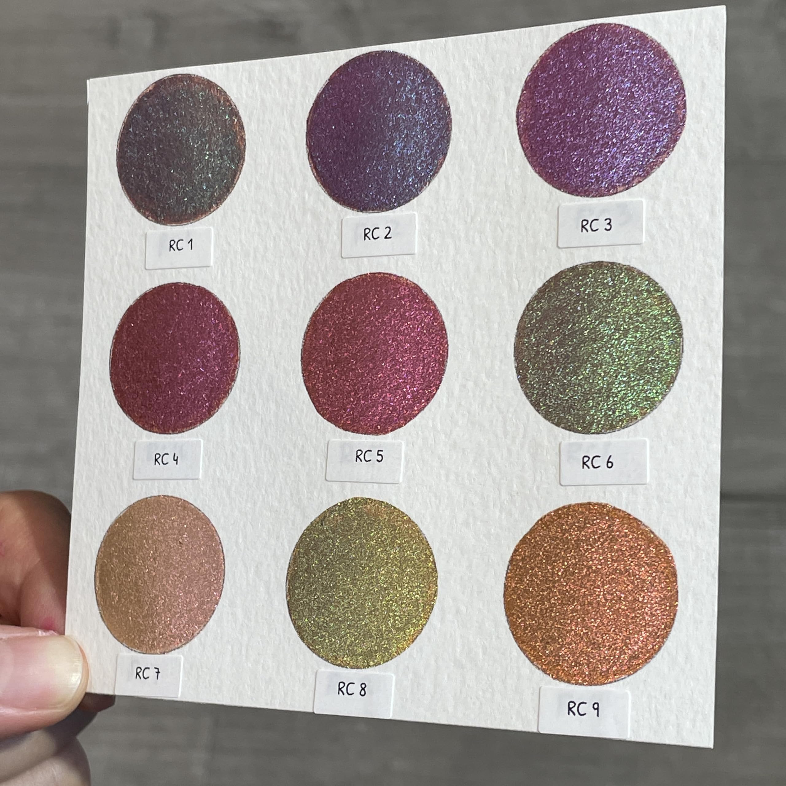 IUILE Ręcznie robione farby akwarelowe, testery kart kropek - karta RC Dot Card (9 kolorów). zmiana kolorów, metaliczny, błyszczący, połyskujący. Dla artystów, ilustratorów, studentów, hobbystów,